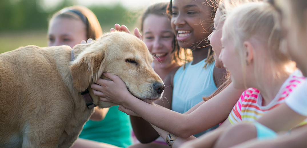 group of children with dog