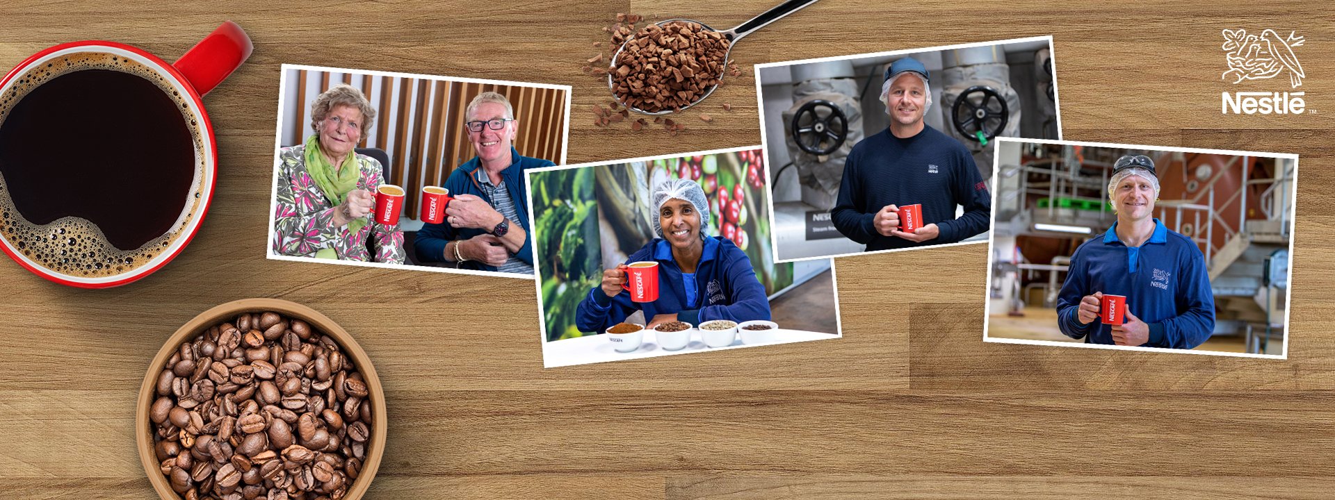 Photos on a desk featuring Nescafé staff next to a cup of coffee