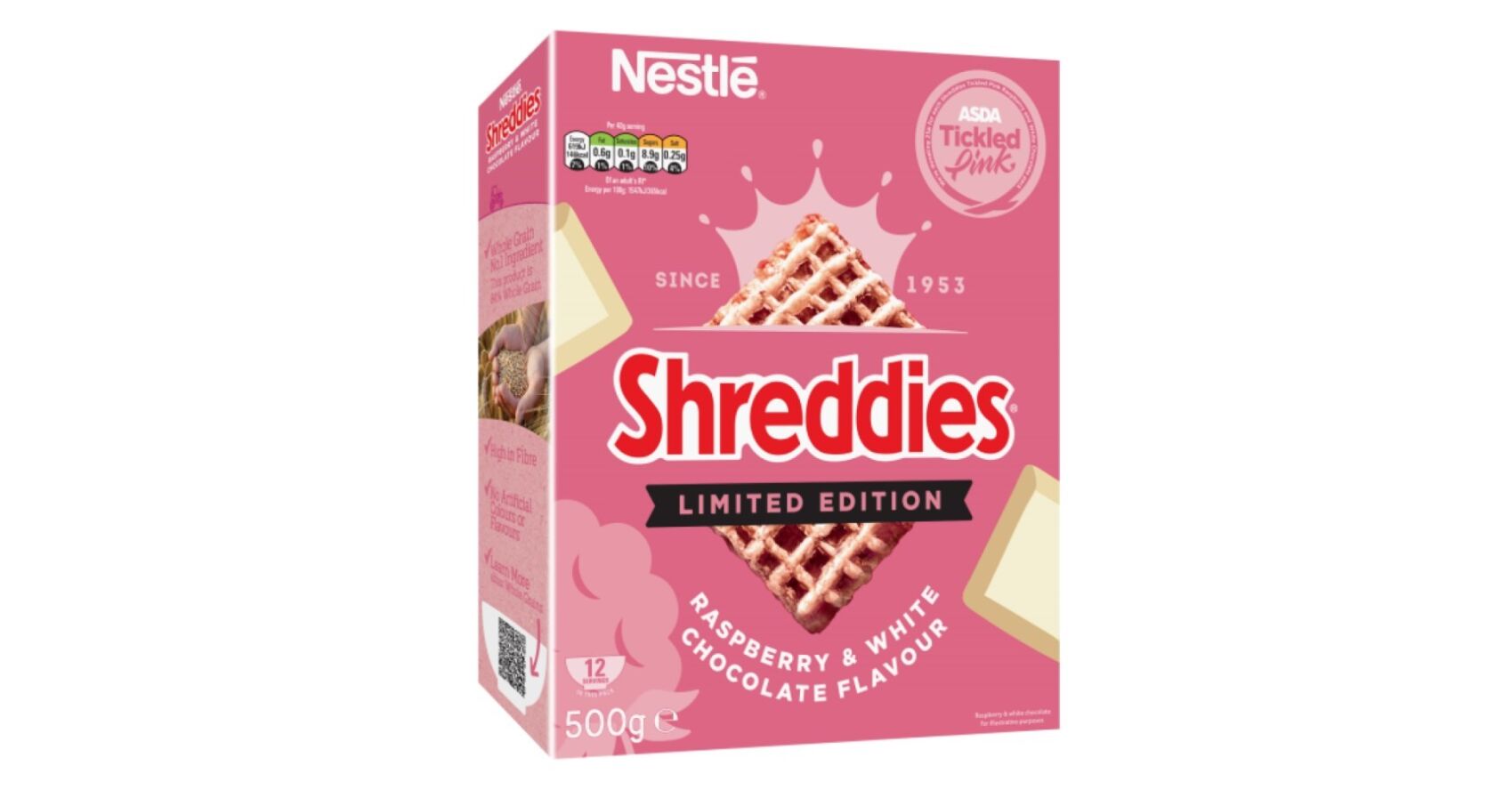 A box of Shreddies cereal with pink packaging in front of a white background.