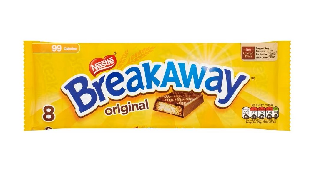 Breakaway chocolate biscuit pack, blue Breakaway logo sits on yellow background with chocolate biscuit illustration