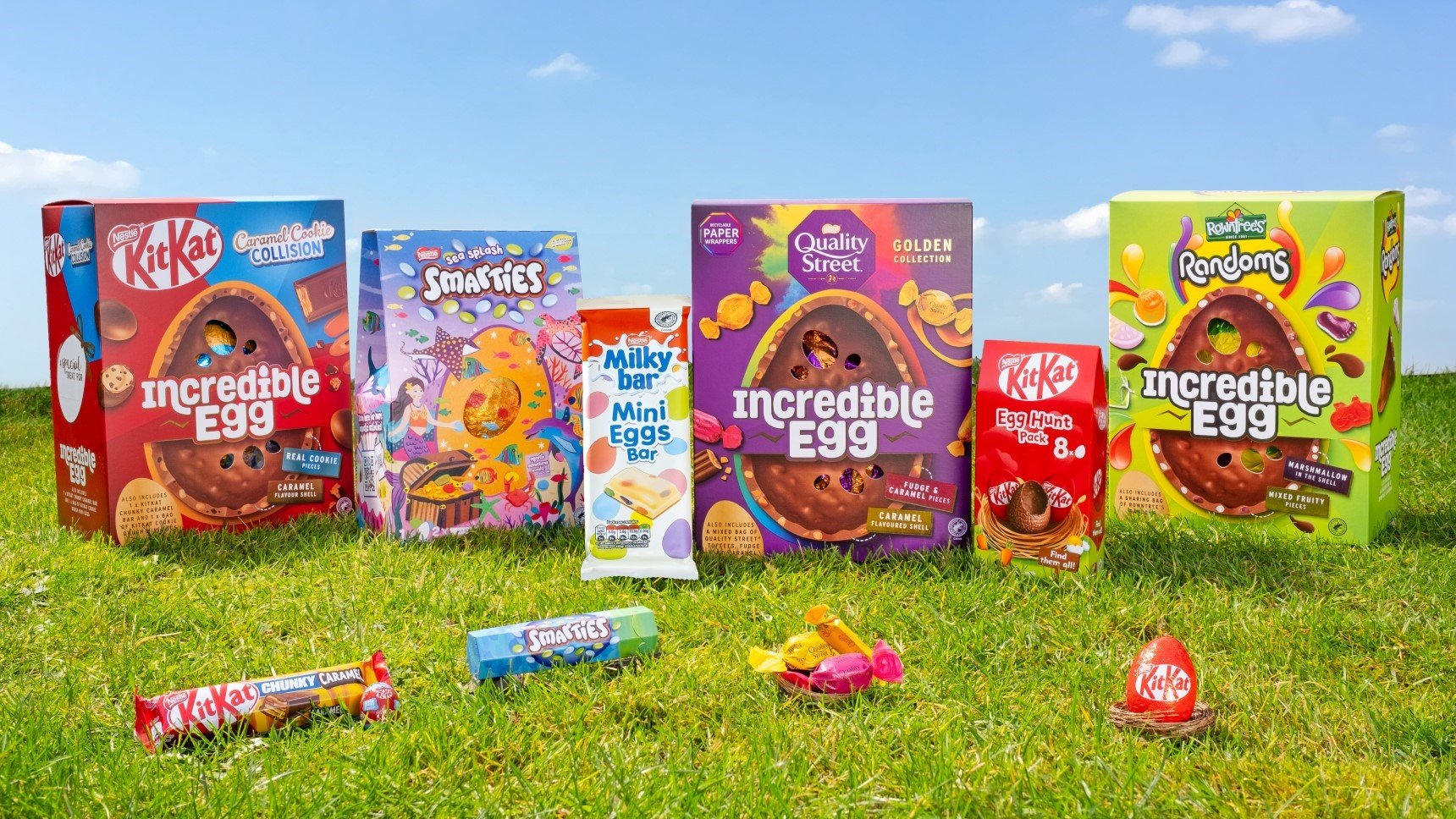 Nestlé's new Easter range sits on grass with blue sky in background