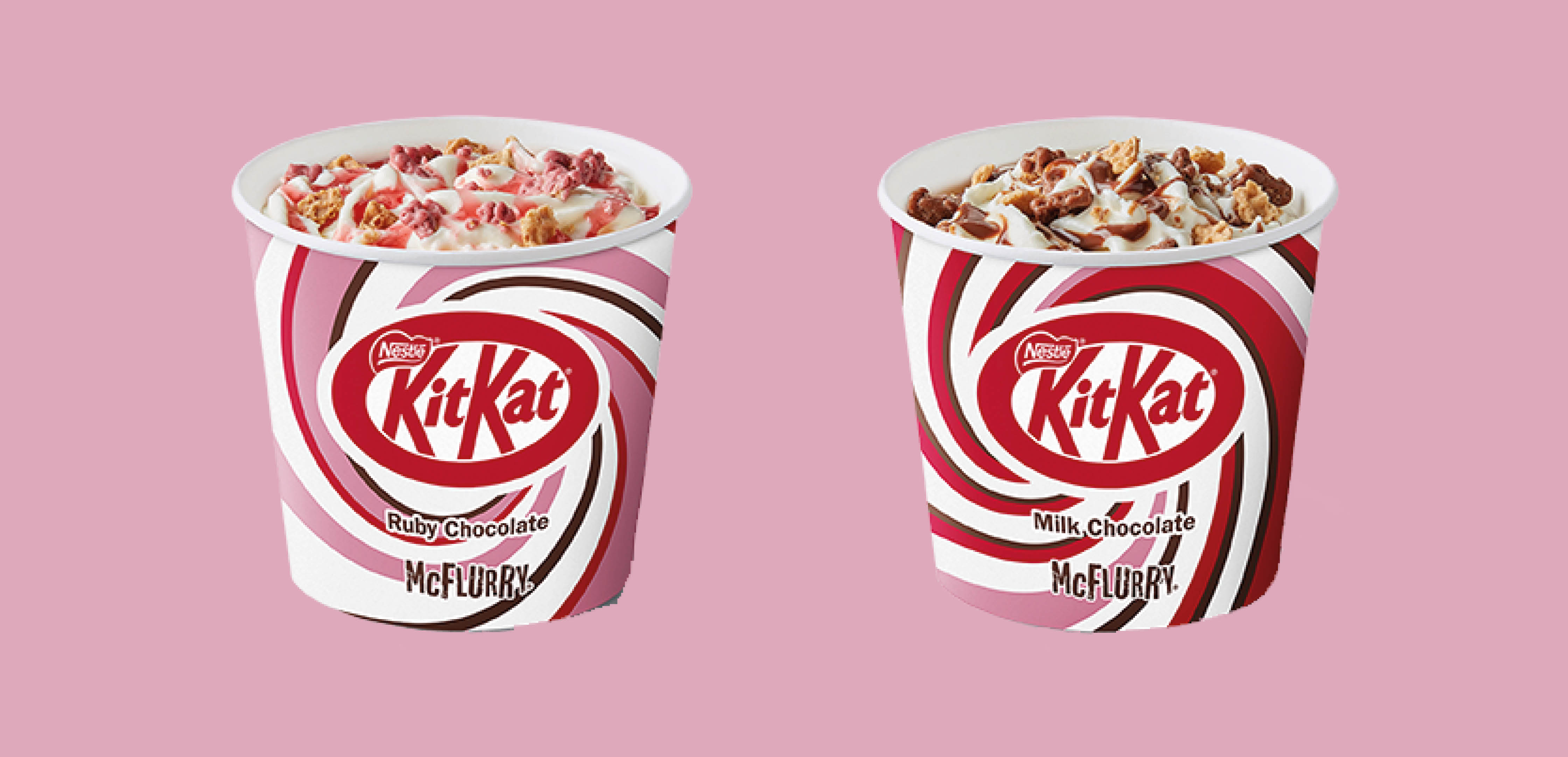 Two tubs of KitKat McFlurry ice cream, designed with pink swirls on the packaging, in front of a pink background. 