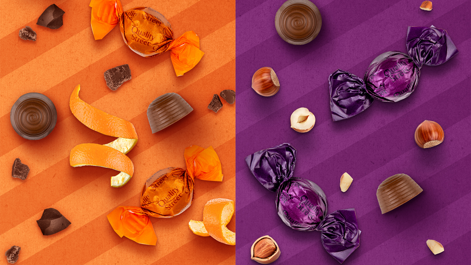 An orange background with orange sweet wrappers & chocolates, next to a purple background with purple wrappers & chocolates.
