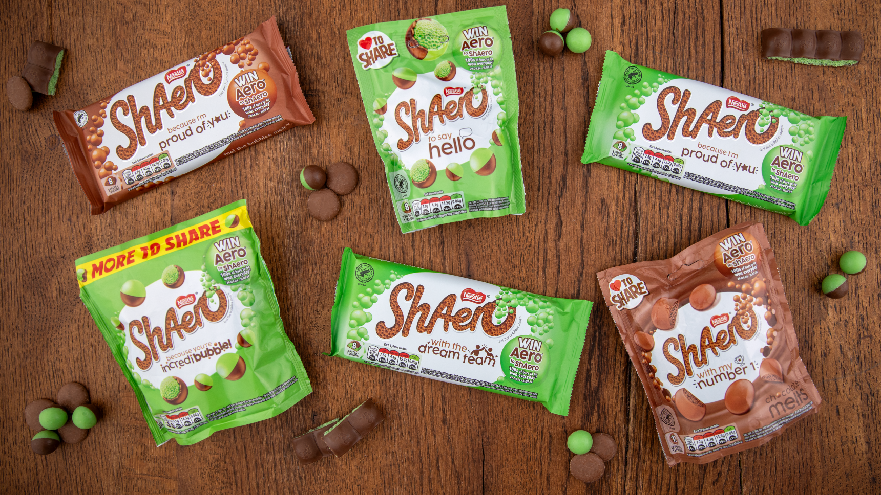 The new ShAero range with on pack promotion on a wooden table with Aero bubbles