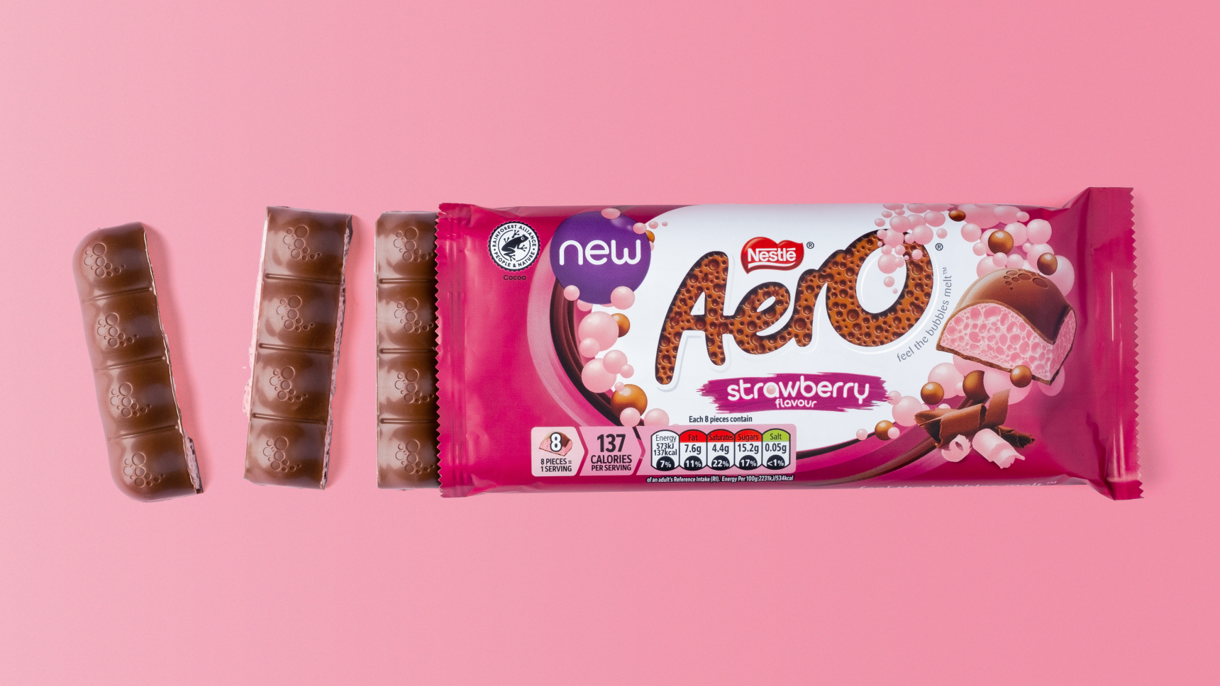 New Strawberry Aero sharing bar in front of a pink background
