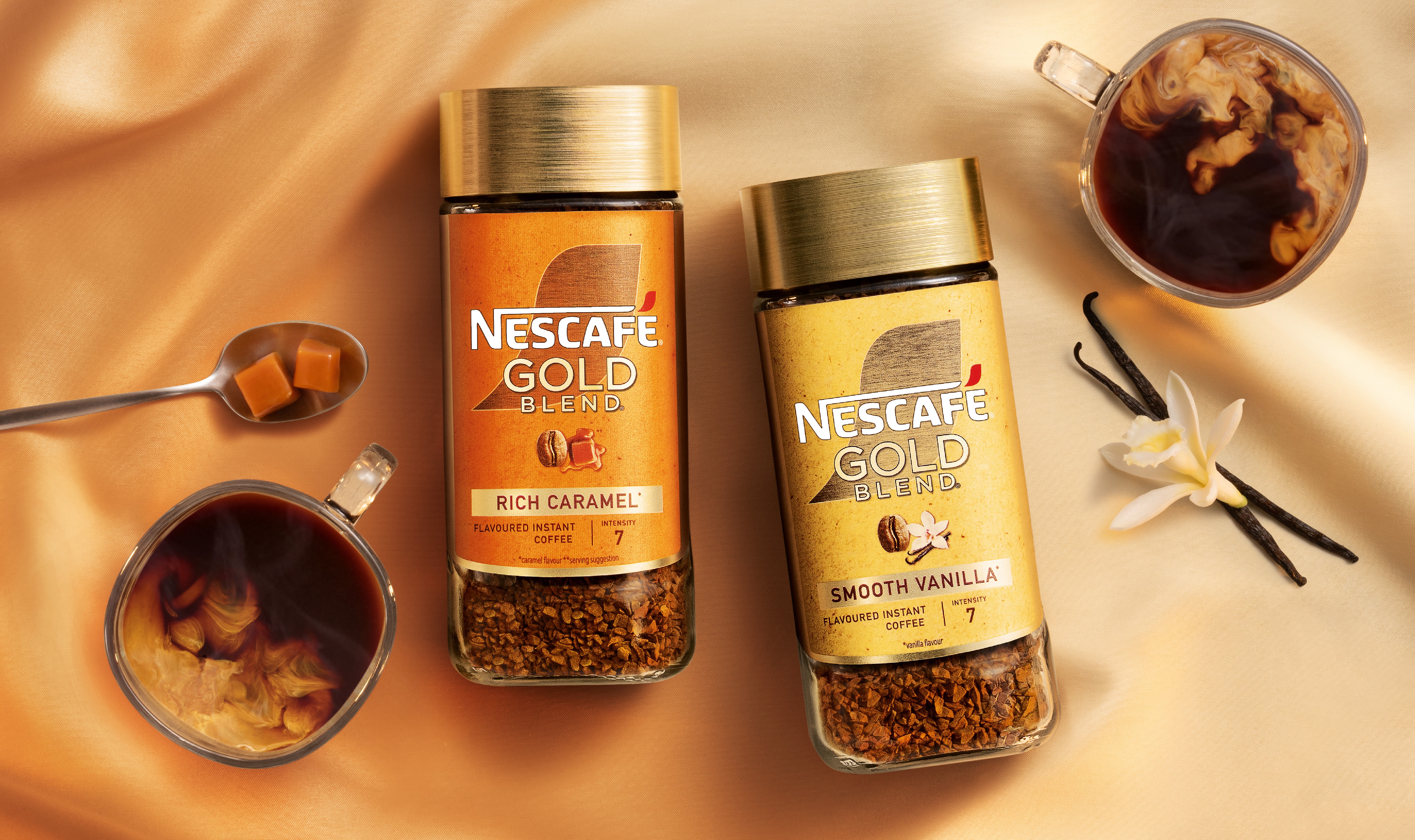 Nescafe Gold Blend Rich Caramel and Smooth Vanilla accompanied by coffees, caramel and vanilla