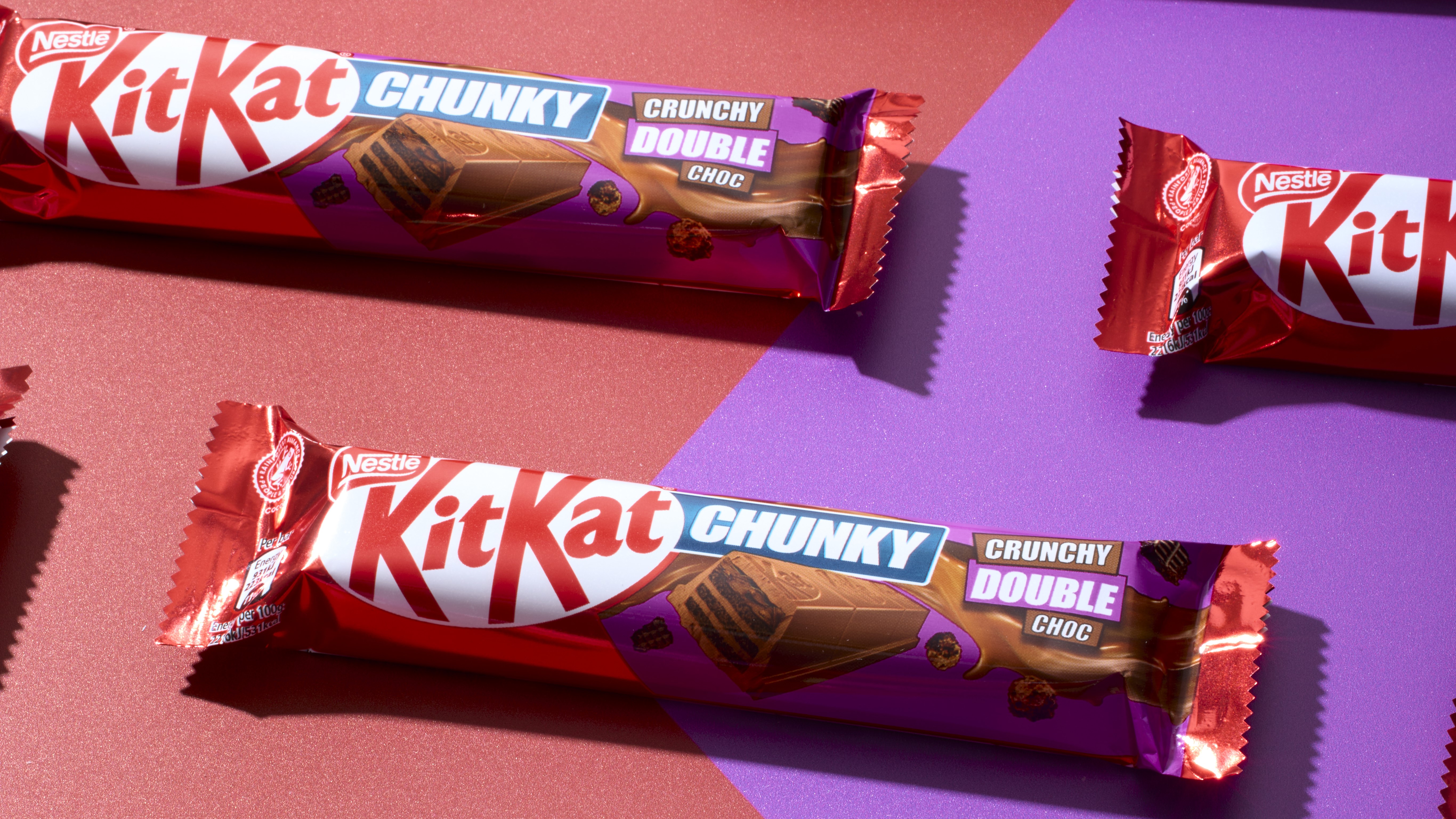 KitKat Chunky Crunchy Double Chocolates on a red and purple background