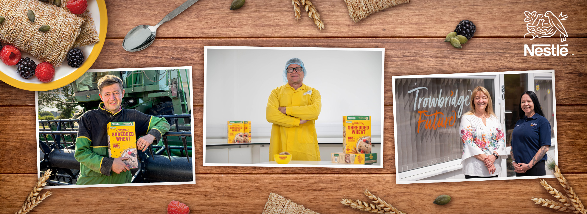 Wooden table featuring a bowl of Shredded Wheat and three images depicting a farmer, a factory workers, and volunteers. 