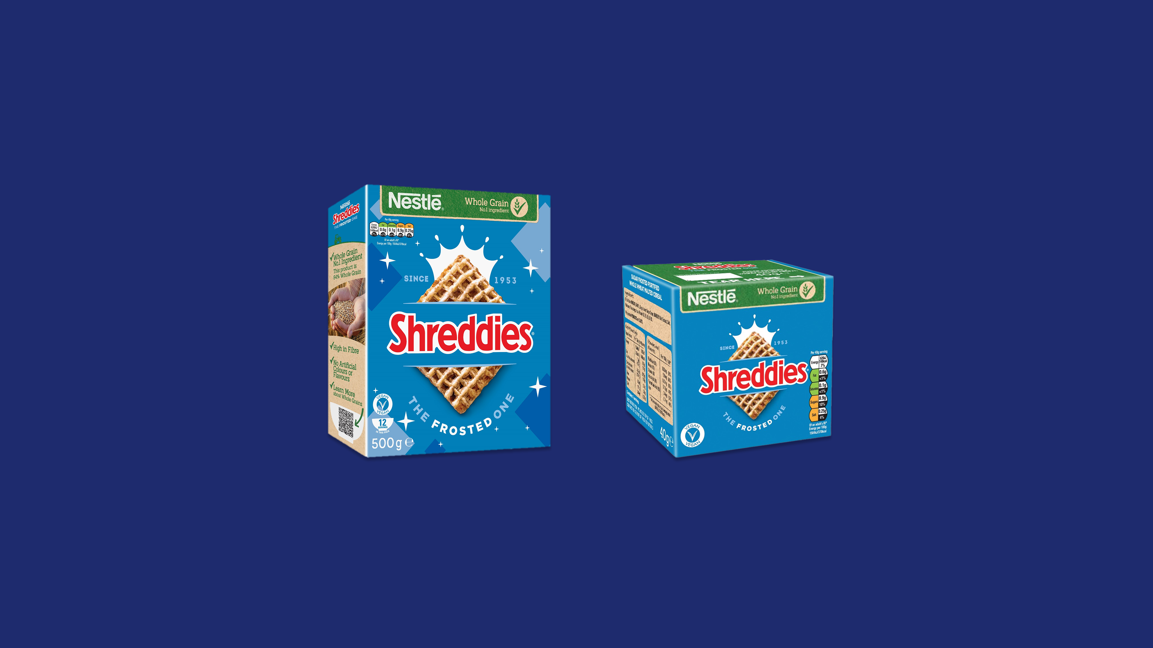 Large box of Frosted Shreddies next to Box Bowl of Frosted Shreddies