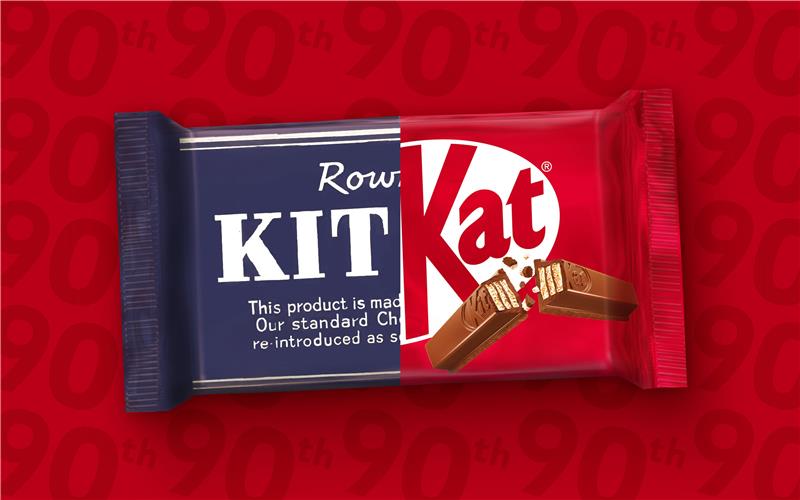 KitKat old packaging split with the current KitKat packaging  