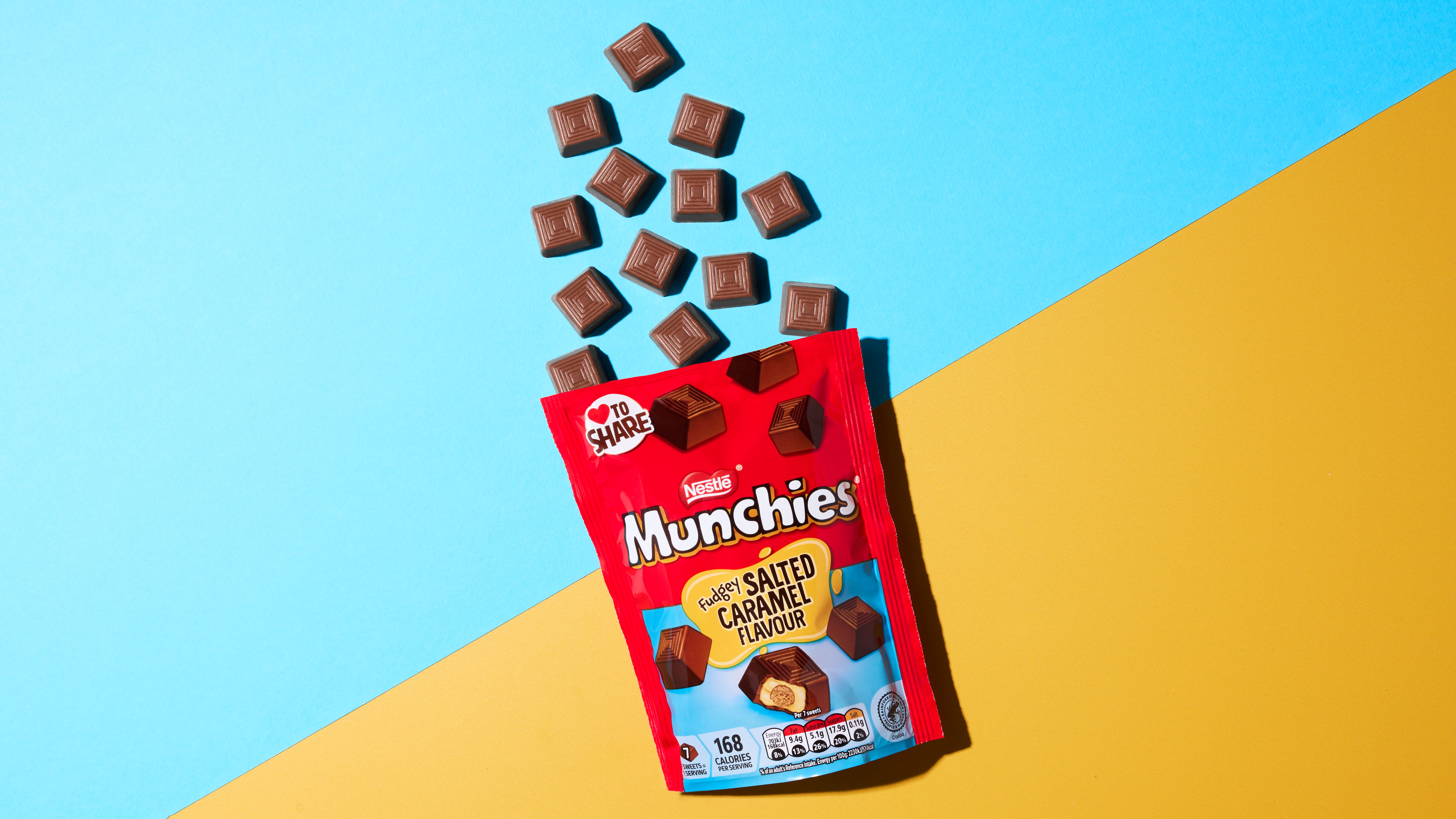 Munchies spilling out of the Munchies Fudgey Salted Caramel bag