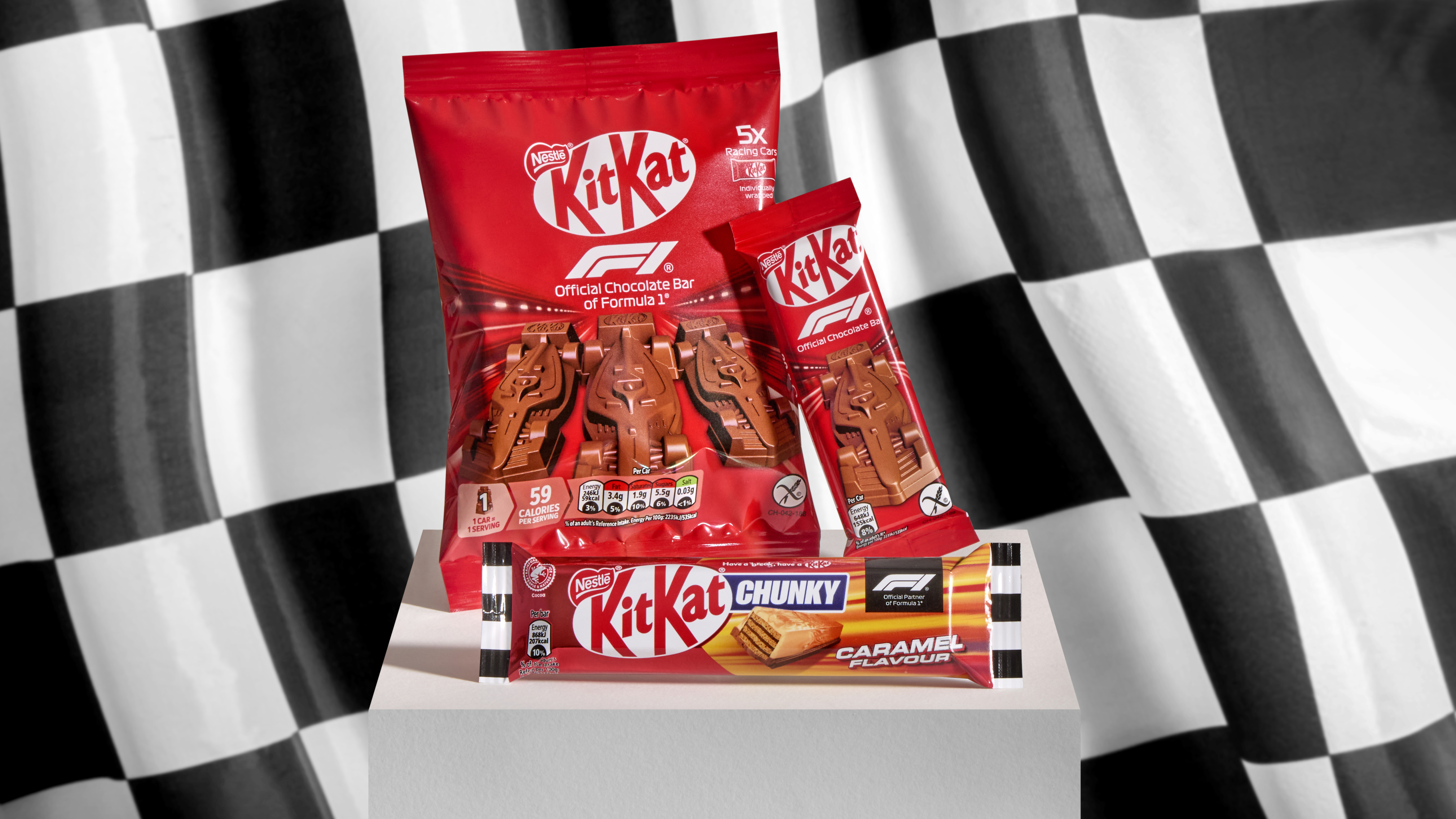 KitKat Chunky caramel in front of the KitKat chocolate miniature replica Formula 1 racing car on a podium