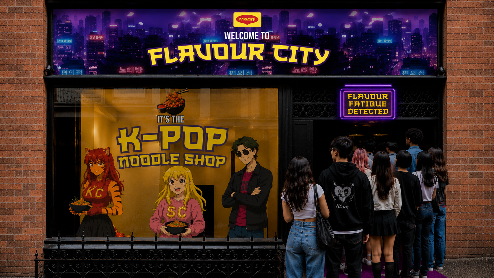 Depiction of store front, covered in Korean-inspired graphics and features a line of people queuing in the door.