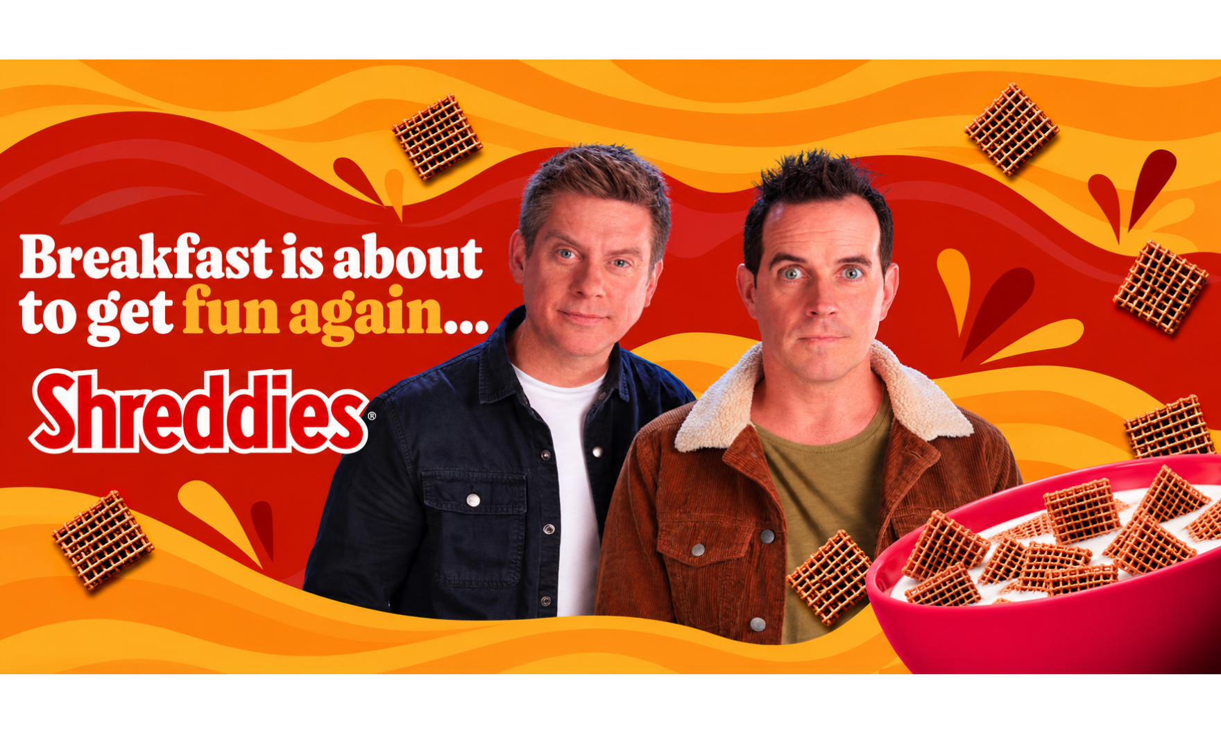 Graphic image featuring red and yellow waves next to a bowl of Shreddies and two men, TV personalities Dick and Dom