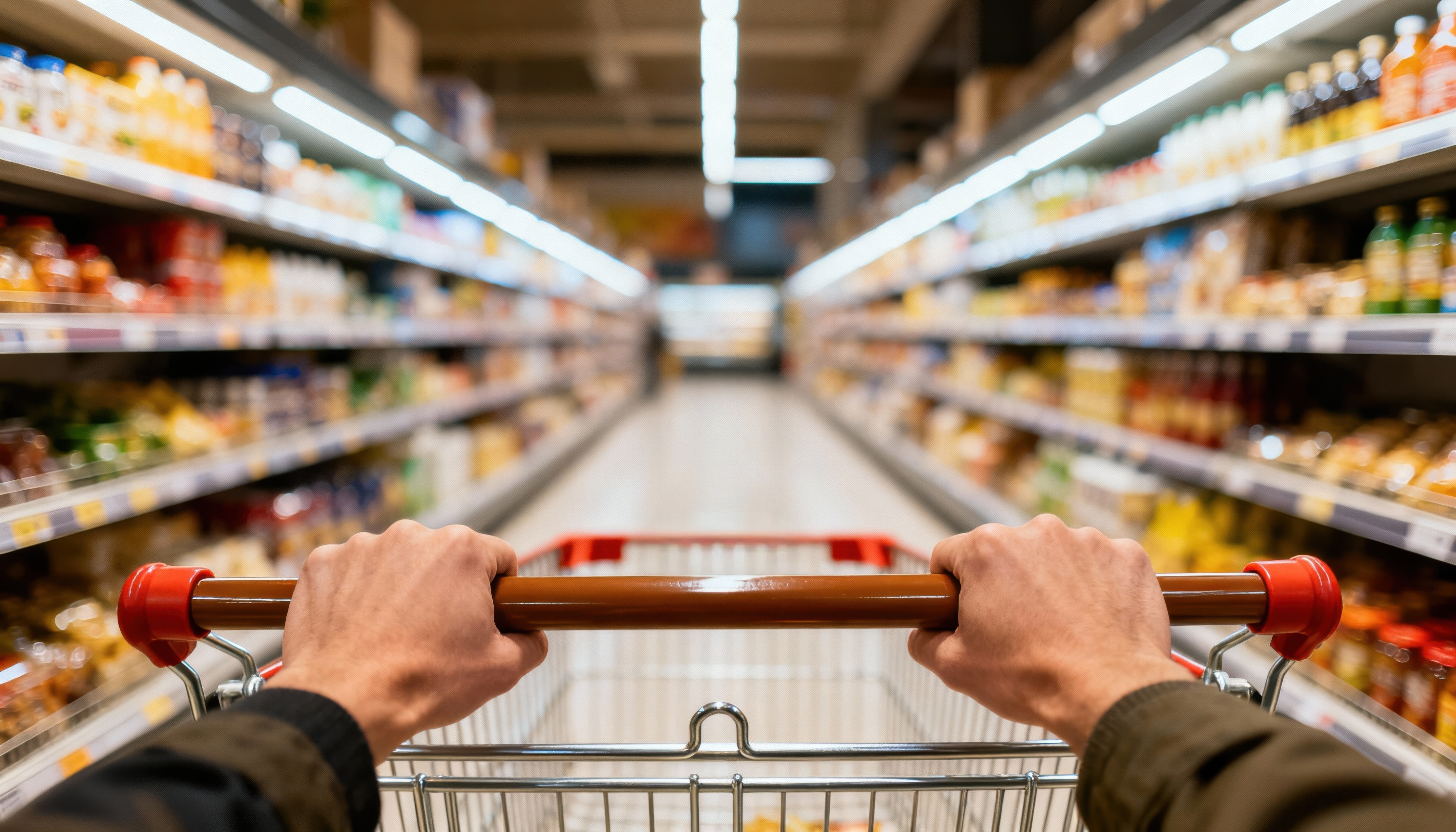 Hands holding onto a shopping trolley though a supermarket aisle.