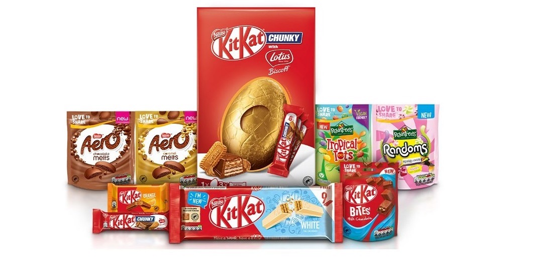 A range of confectionery products, including kitkat lotus egg 