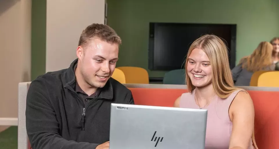 Two people looking at a laptop while sitting together in an office.
