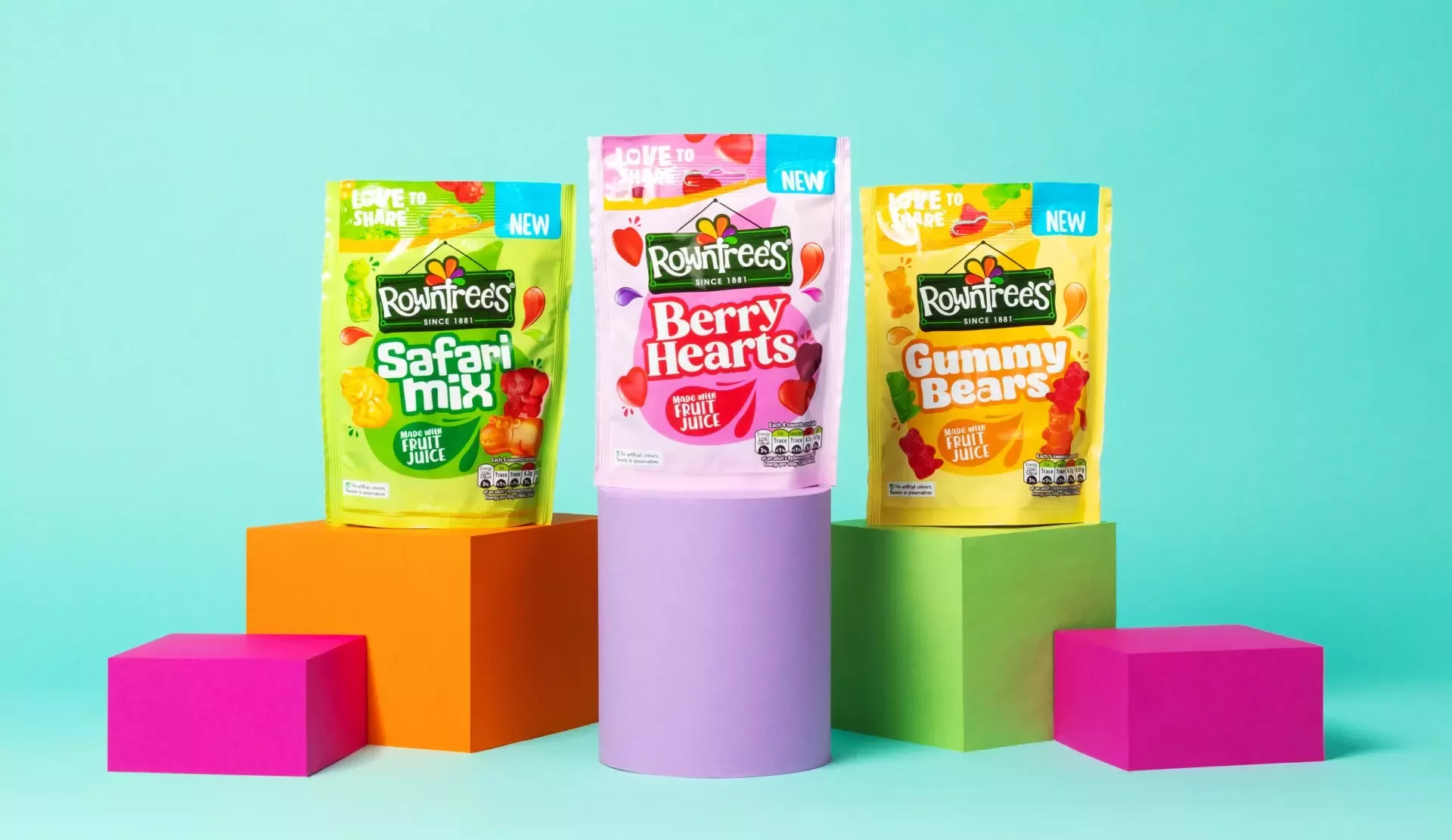 Rowntree's new non-HFSS range, Berry Herts, Safari Mix and Gummy bears on brightly coloured blocks