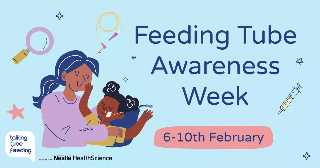 Feeding Tube Awareness Week illustration womans holds young girl using feeding tube
