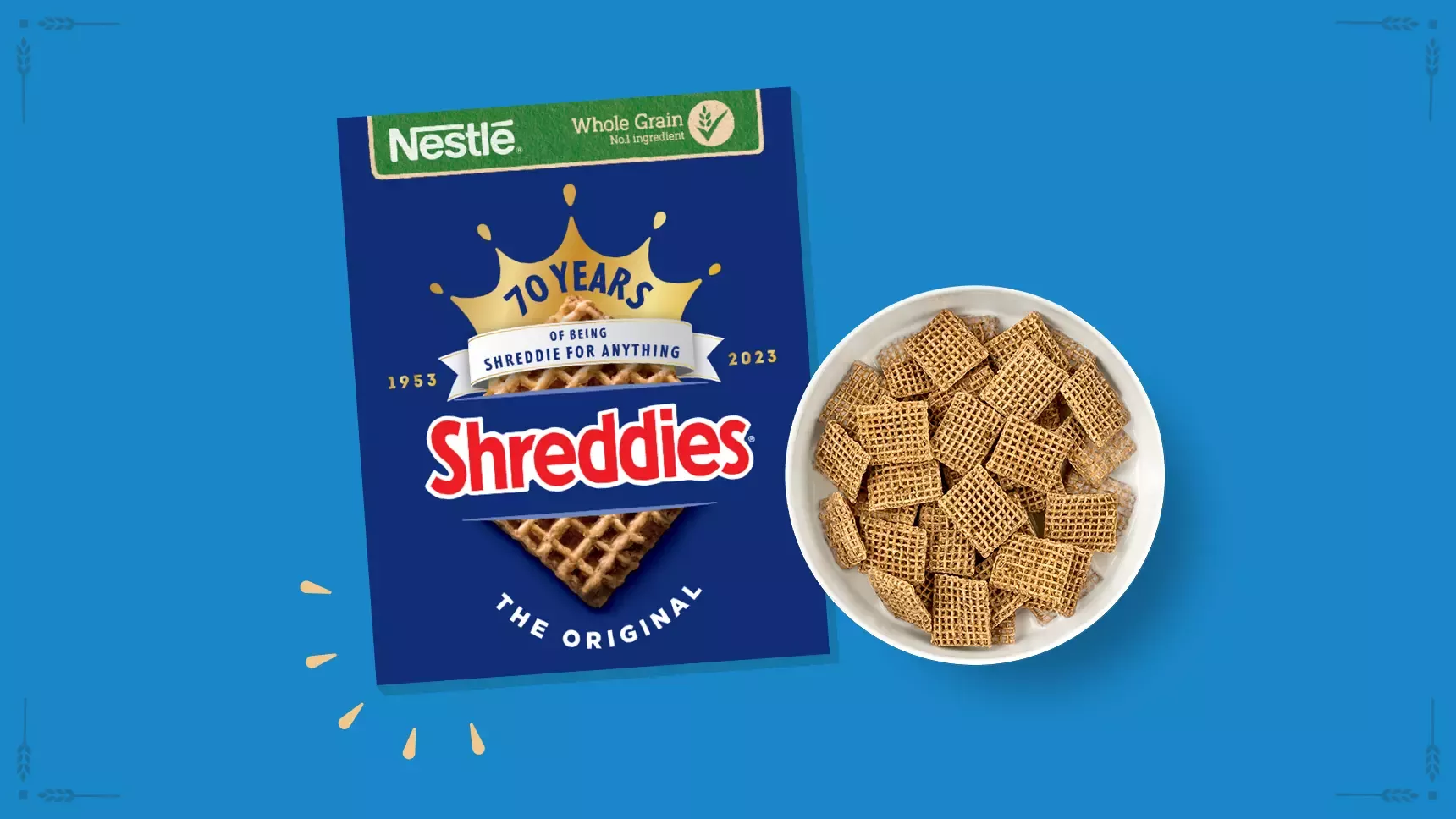 Box of Shreddies next to a bowl of Shreddies
