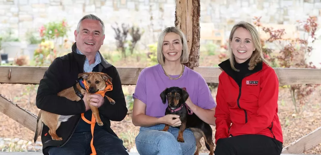 three people sat down looking to camera with a with two dogs in two of the three peoples laps