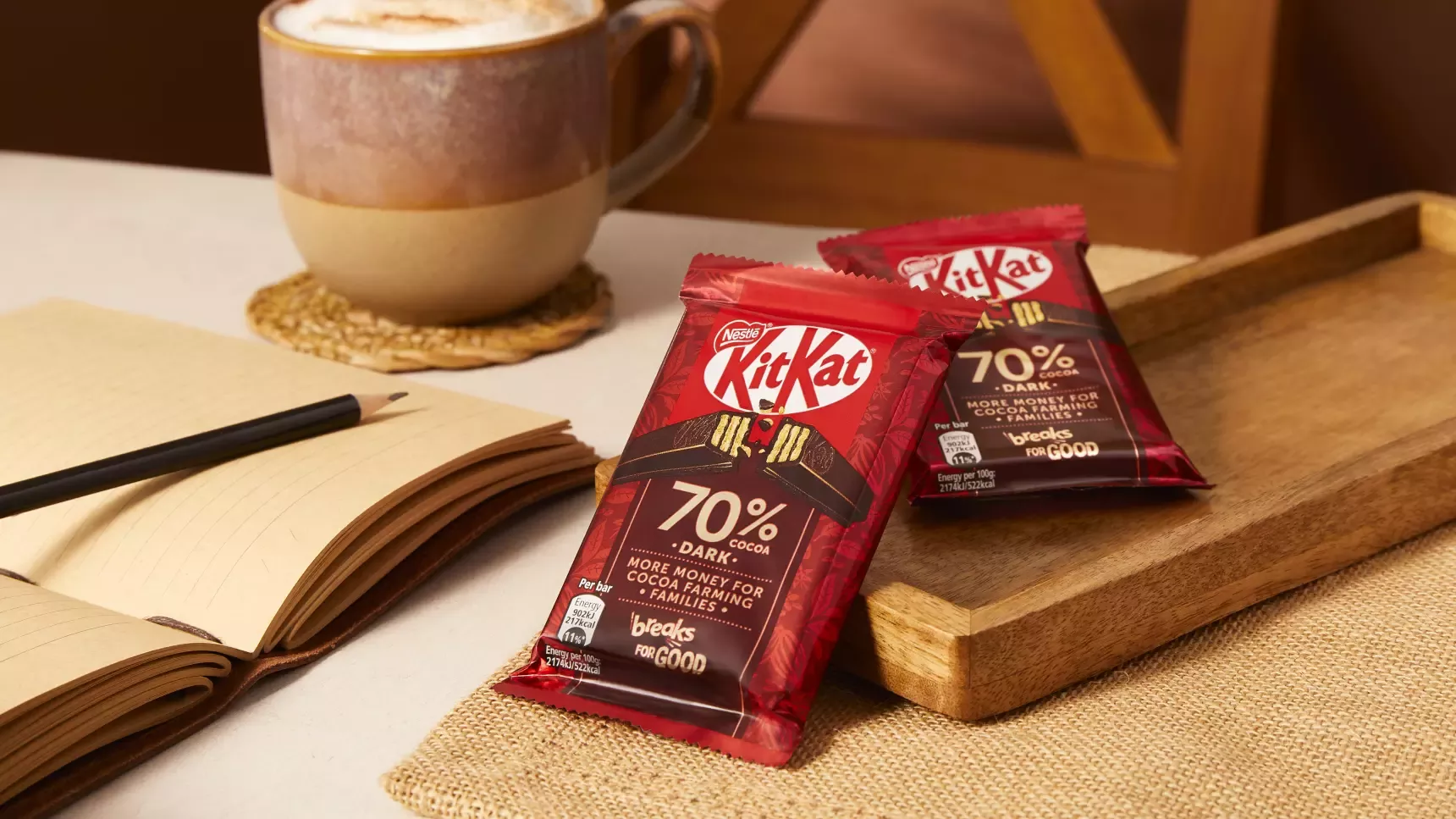 KitKat 70% Dark (red and brown packaging with illustration of KitKat on) sits on a table next to a coffee and notebook