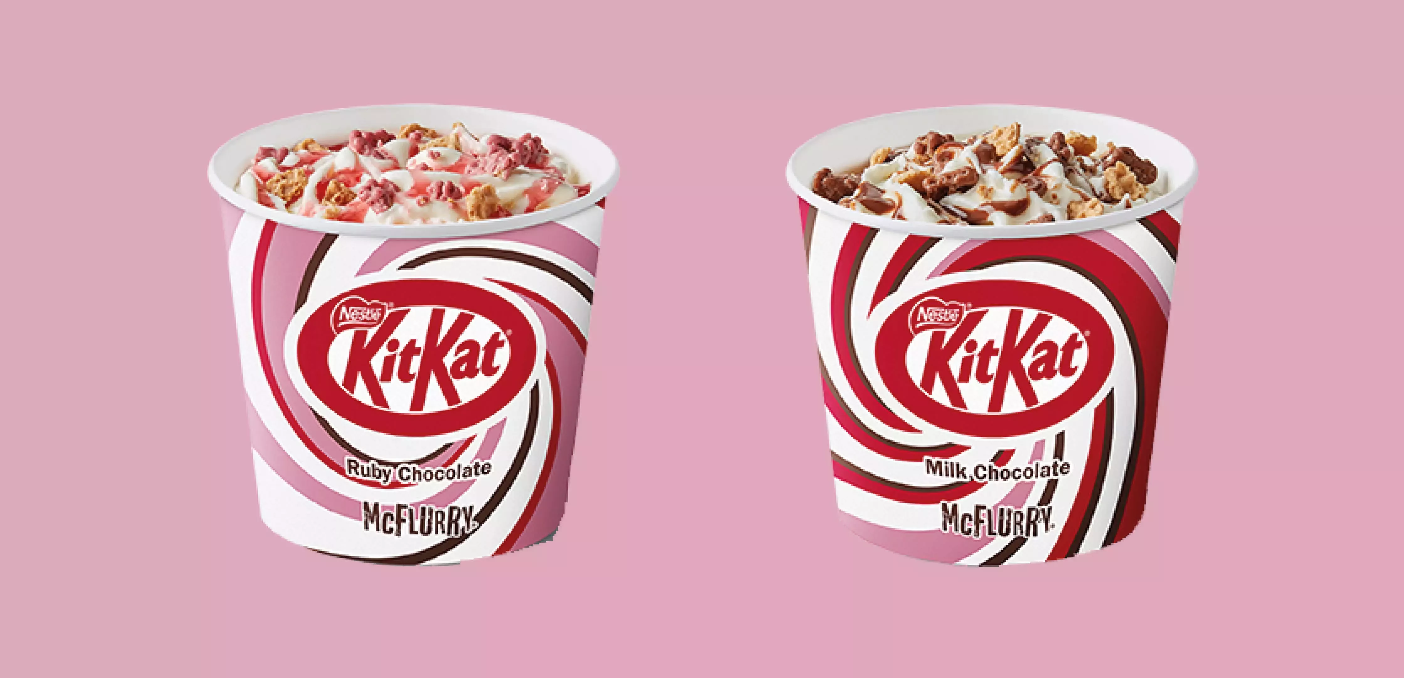 Two tubs of KitKat McFlurry ice cream, designed with pink swirls on the packaging, in front of a pink background.