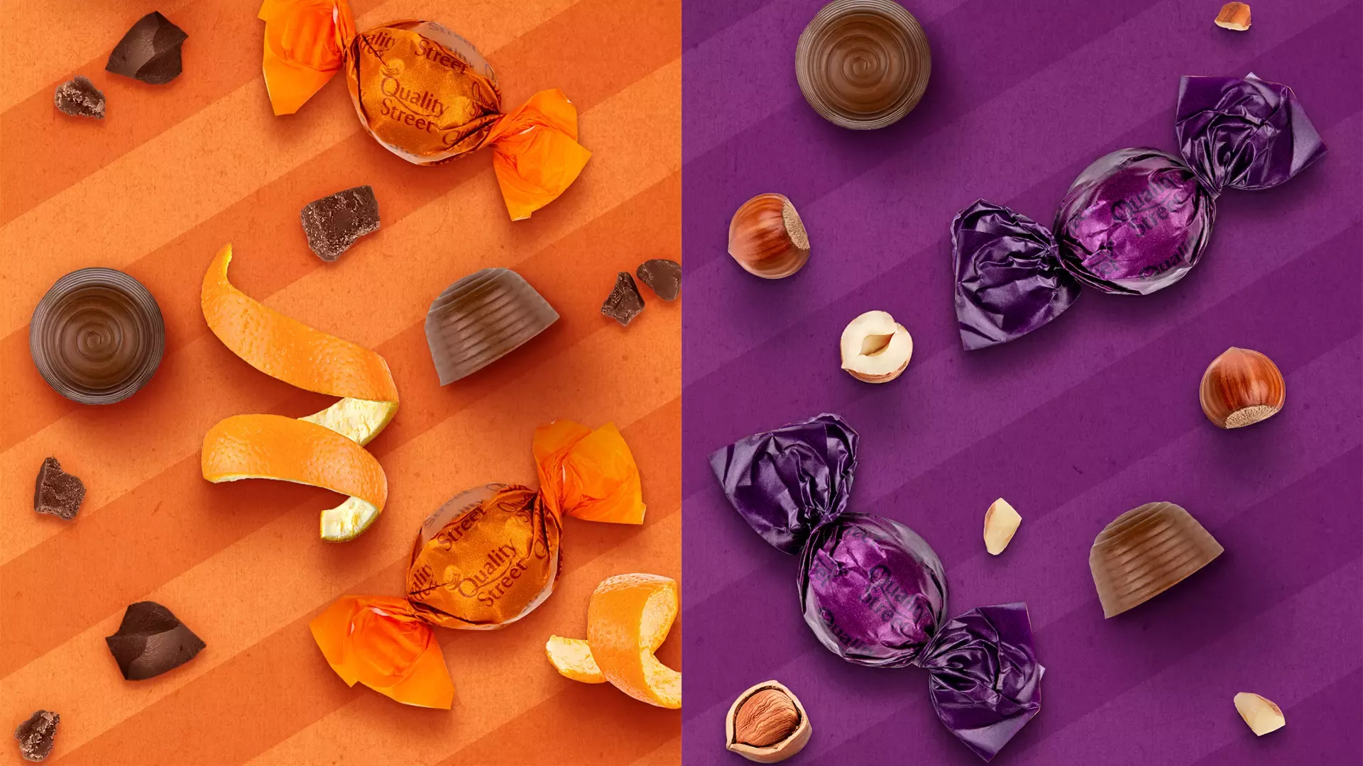 An orange background with orange sweet wrappers & chocolates, next to a purple background with purple wrappers & chocolates.