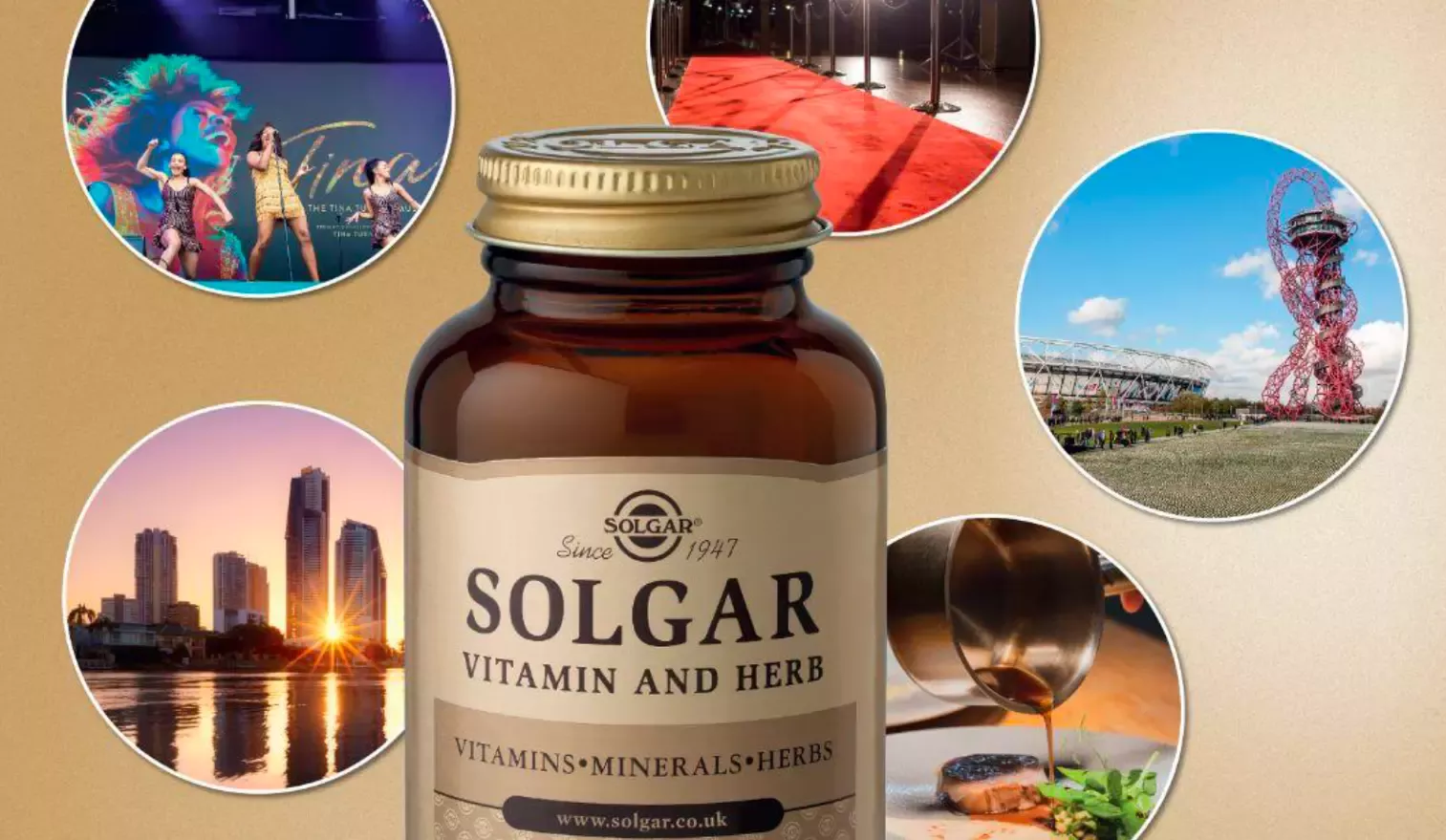 A brown bottle of Solgar vitamin and herb supplements, surrounded by circle framed images of Australia Gold Coast hots spots.