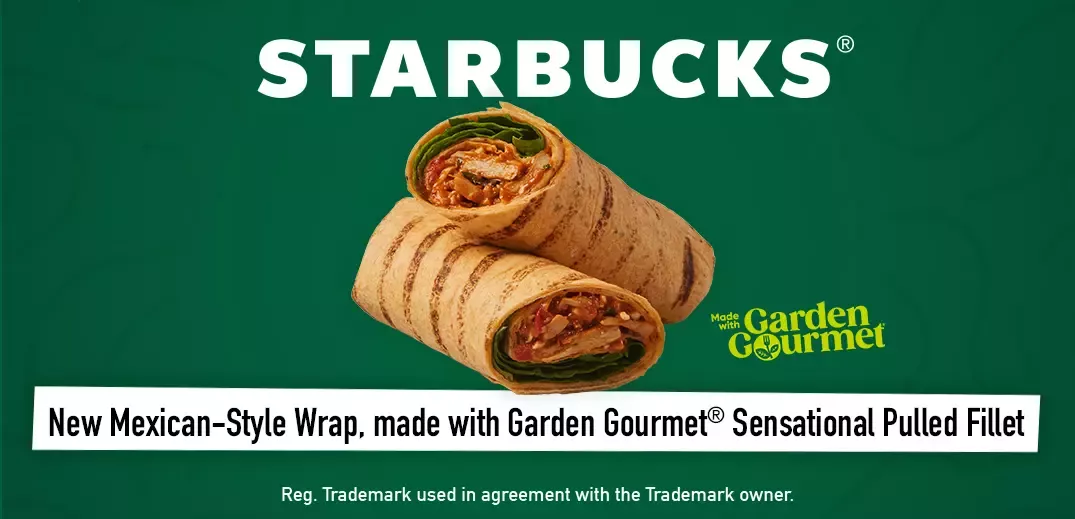 A photo of a Starbucks wrap with Garden Gourmet filling on a green background.