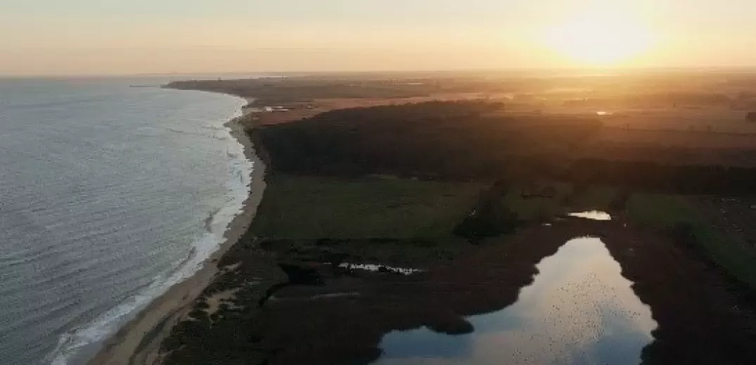 A beach with a body of water and a green field