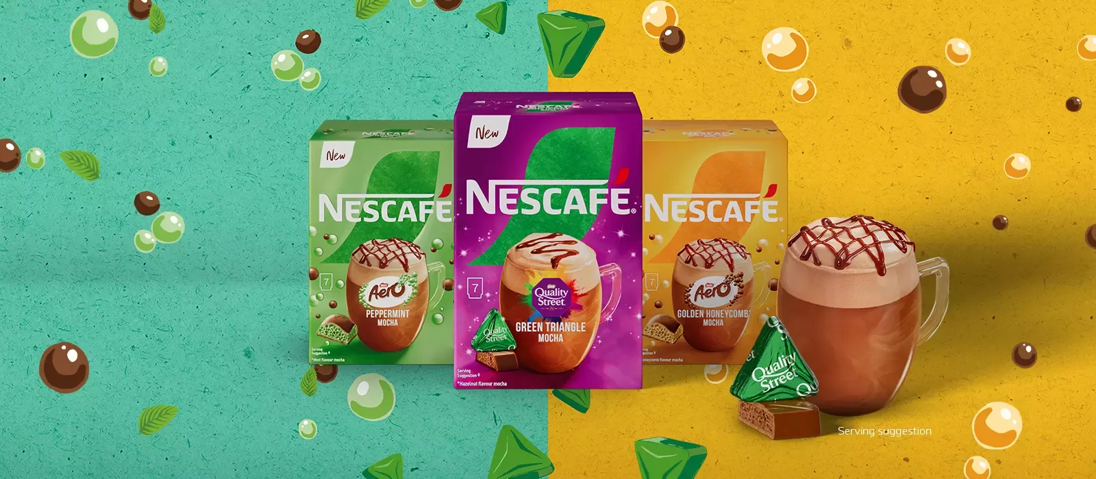 Nescafé's coffees; Aero Peppermint Mocha, Quality Street Green Triangle Mocha and Aero Golden Honeycomb Mocha