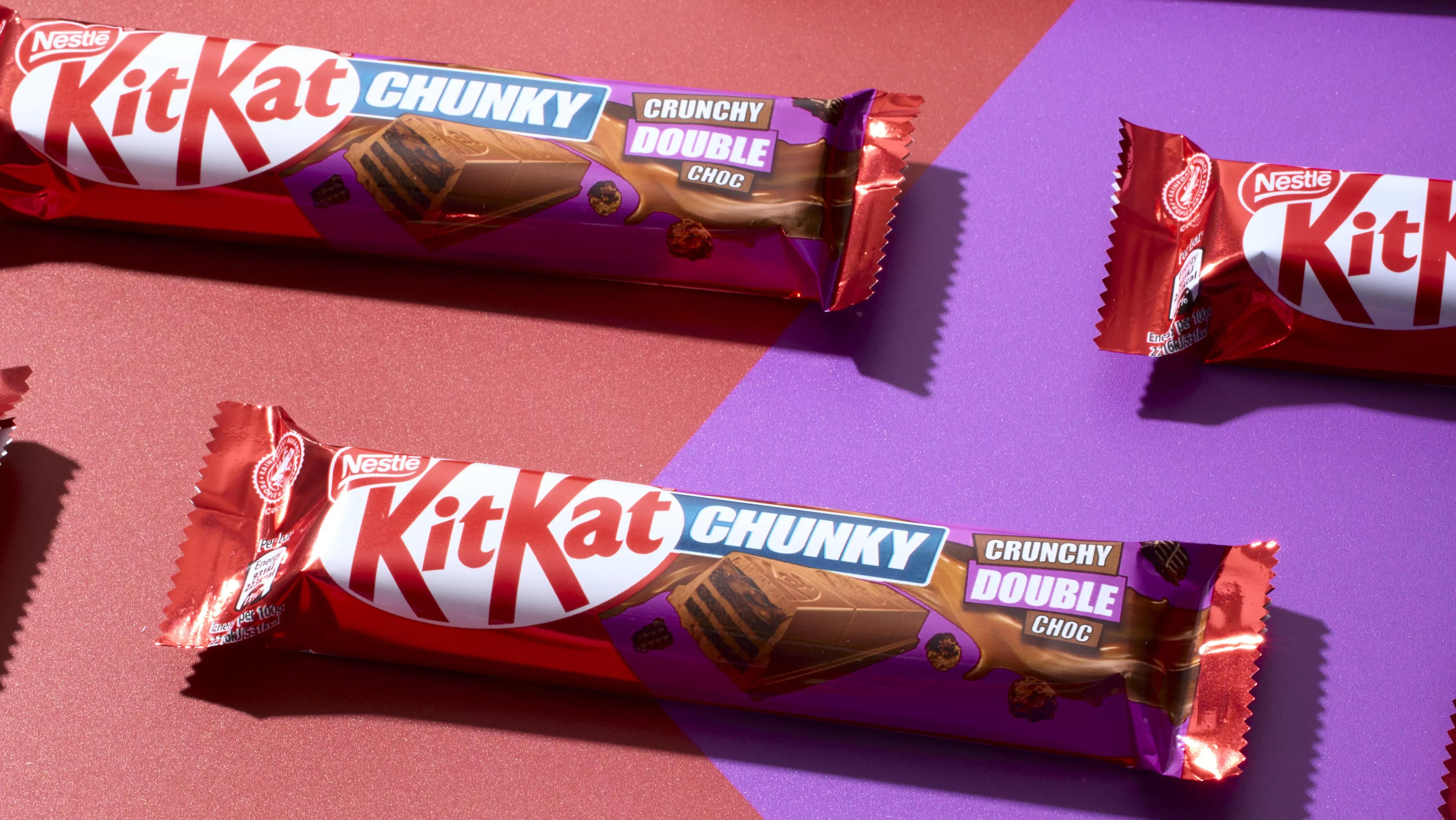 KitKat Chunky Crunchy Double Chocolates on a red and purple background