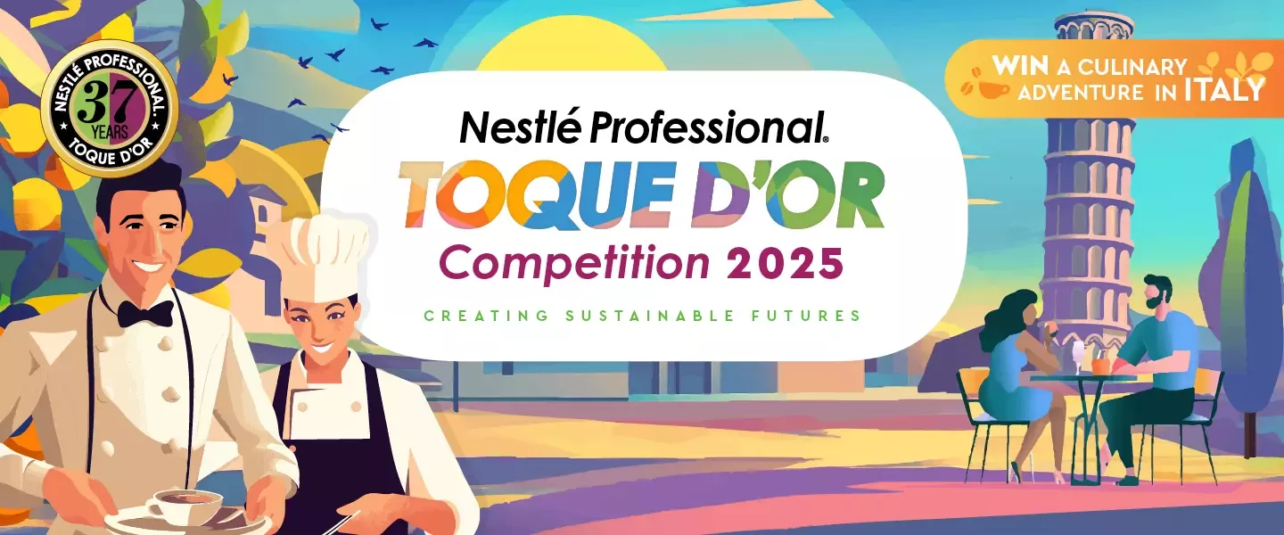 A brightly multi-coloured banner image of two animated male and female chefs next to a Toque d'Or sign.
