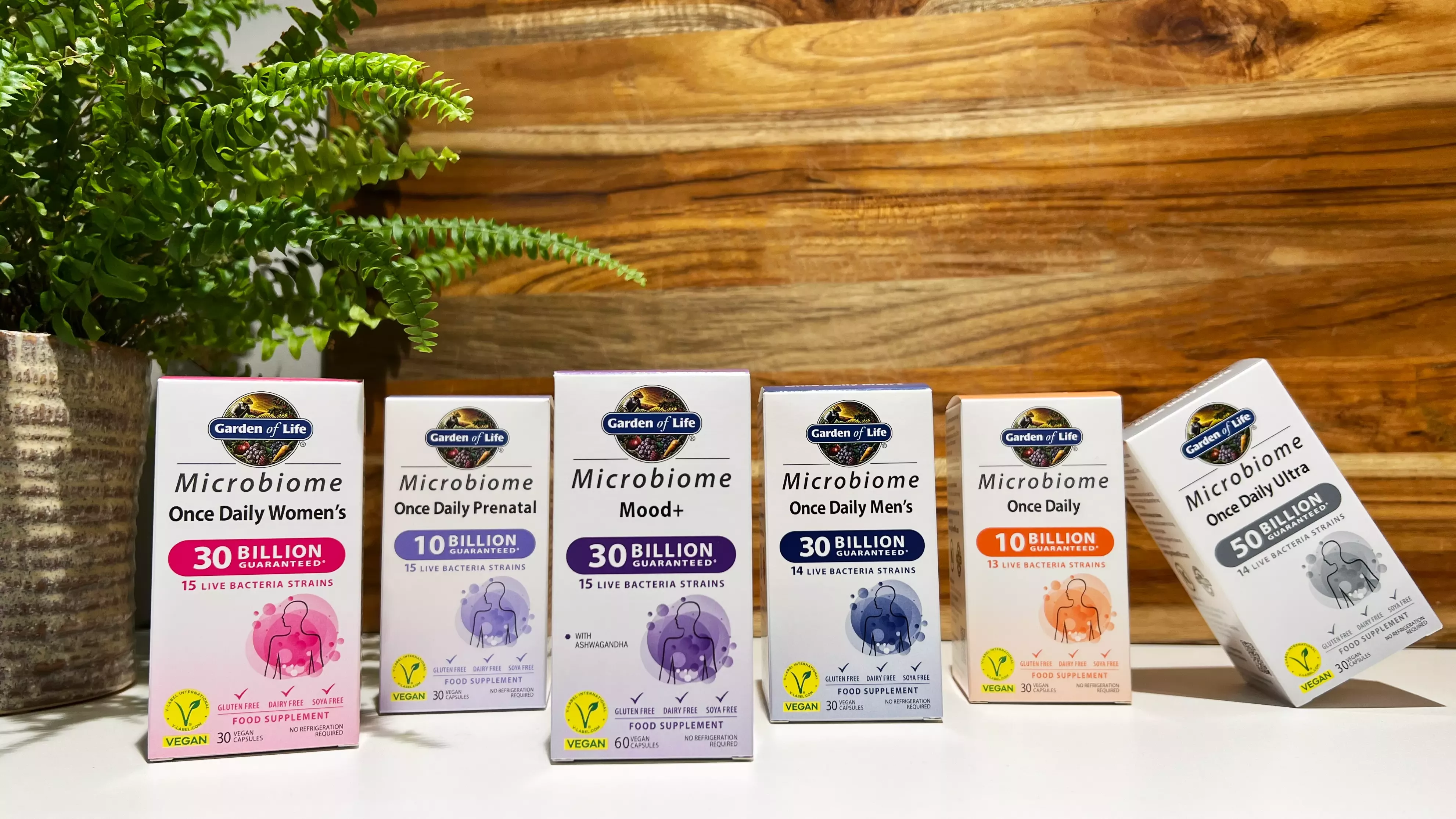Nestlé Health Science's Garden of Life probiotics lined up on a table