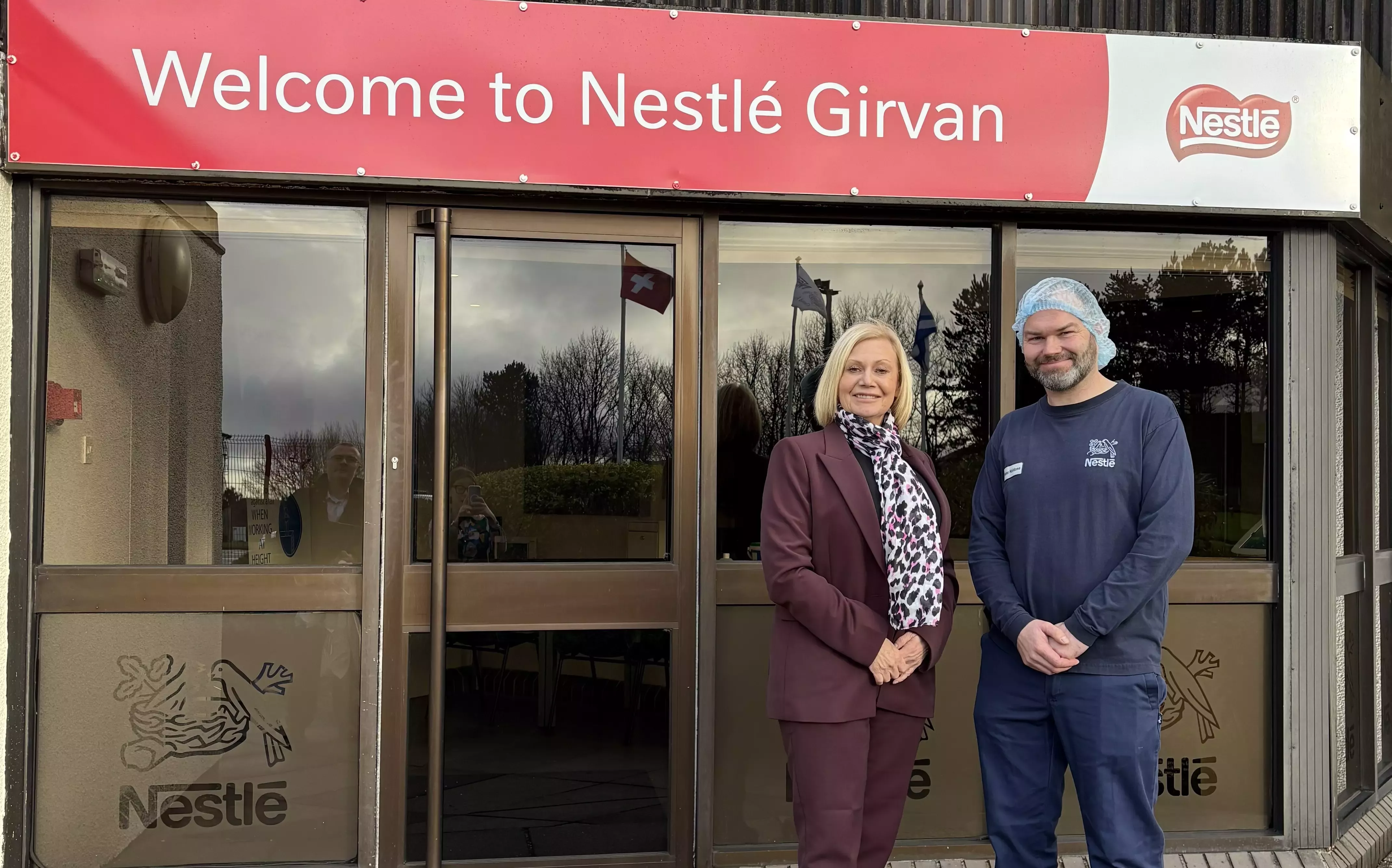 Elaine Stewart MP and Factory Operations Manager Fraser Haldane outside of Girvan factory.