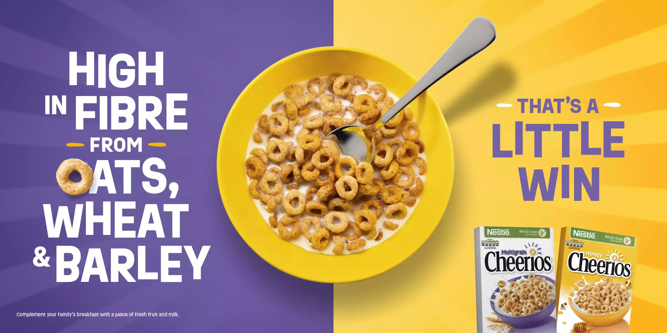 A graphic of a yellow bowl with Cheerios inside and a silver spoon. The background is split purple and yellow in the middle.