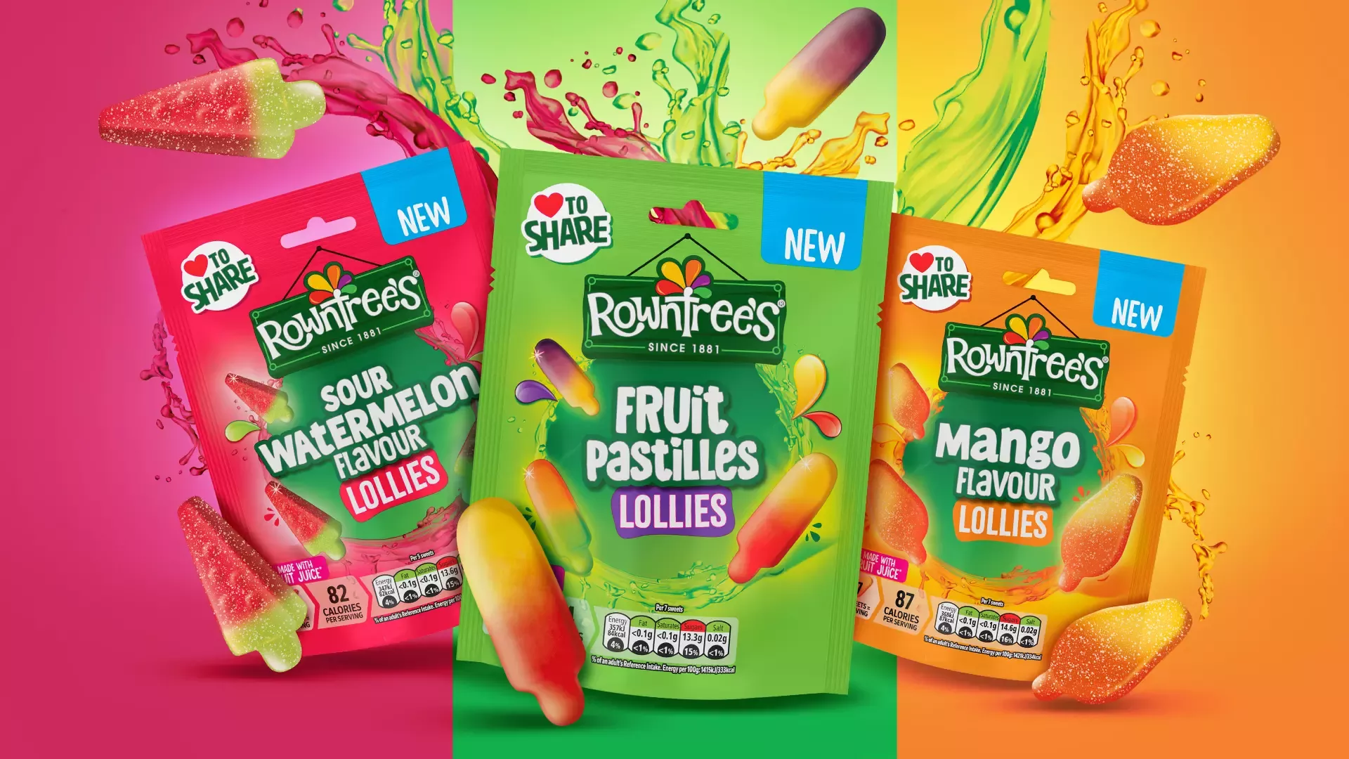 Rowntree's Lollies range: Fruit Pastilles Lollies, Sour Watermelon Flavour Lollies and Mango Flavour Lollies.