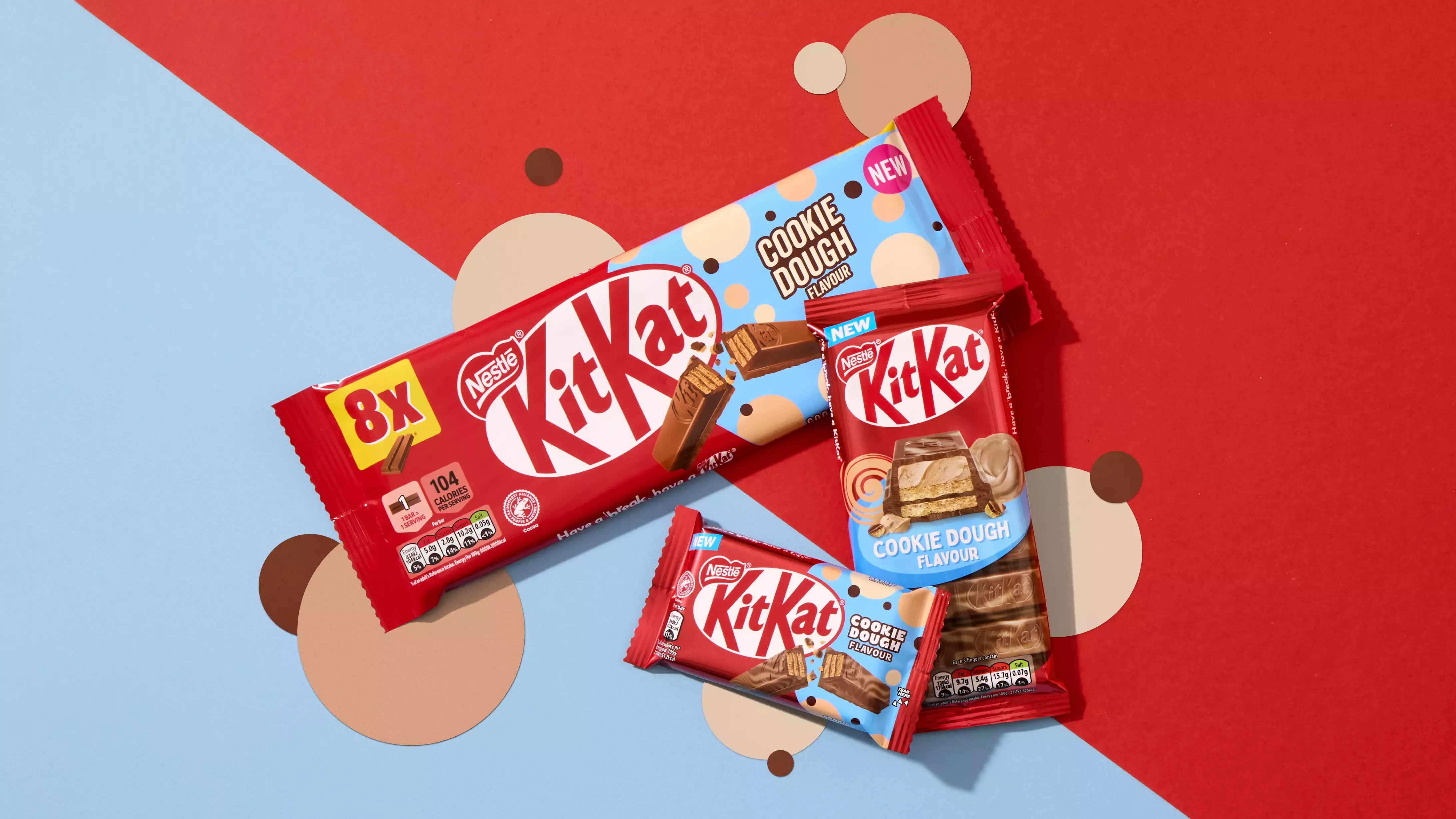 KitKat cookie dough range behind a backdrop inspired by the packaging 