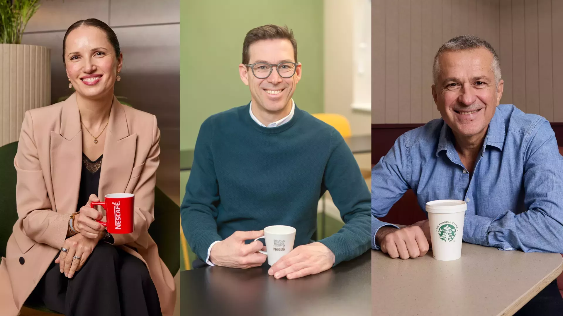 left to right: Katya Simmons, Martin Krohn and Lorenzo Vigano all sat down, smiling with a Nestlé branded mug in hand.