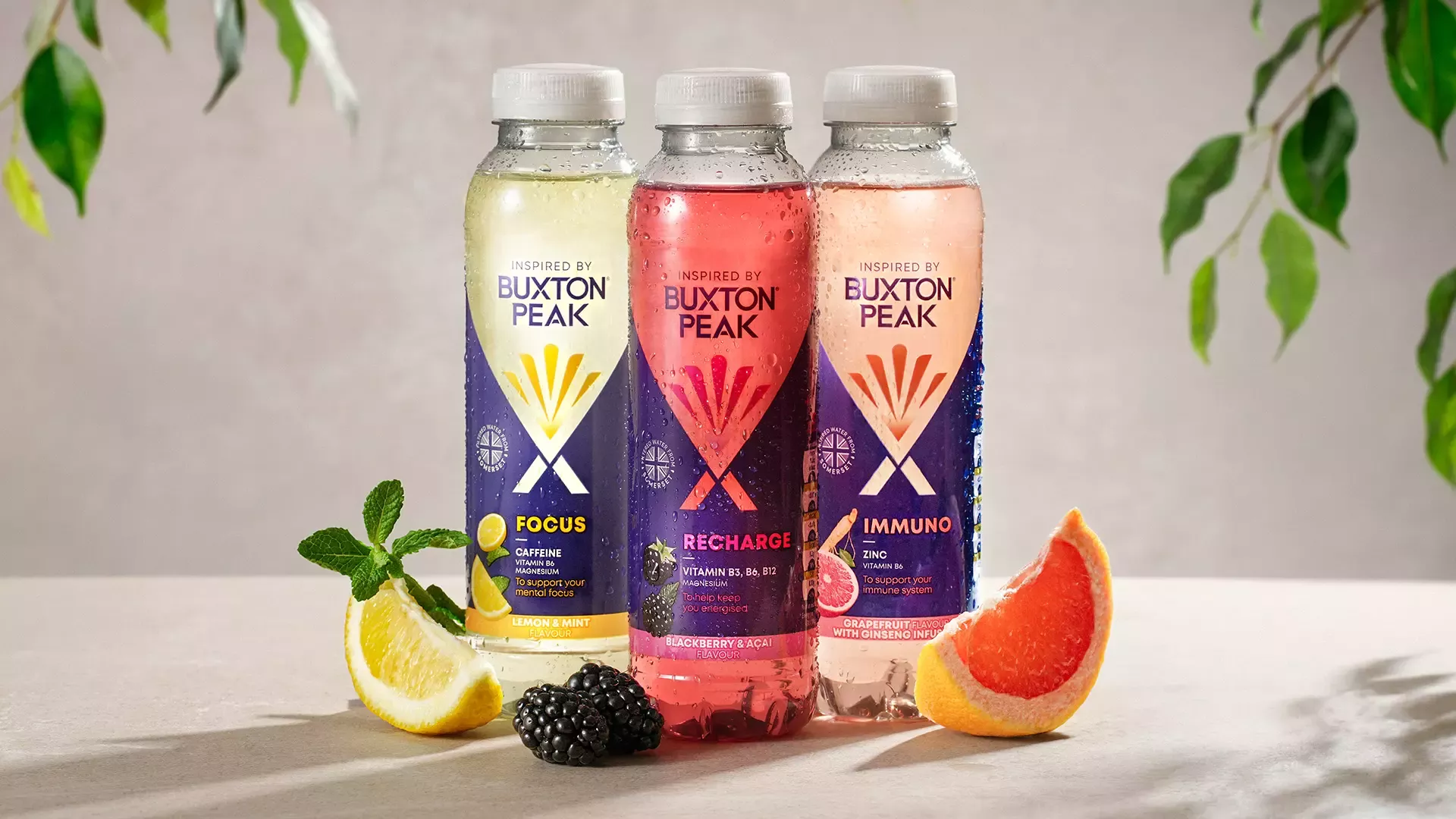Three different bottles of water standing together with various fruits sitting around them.