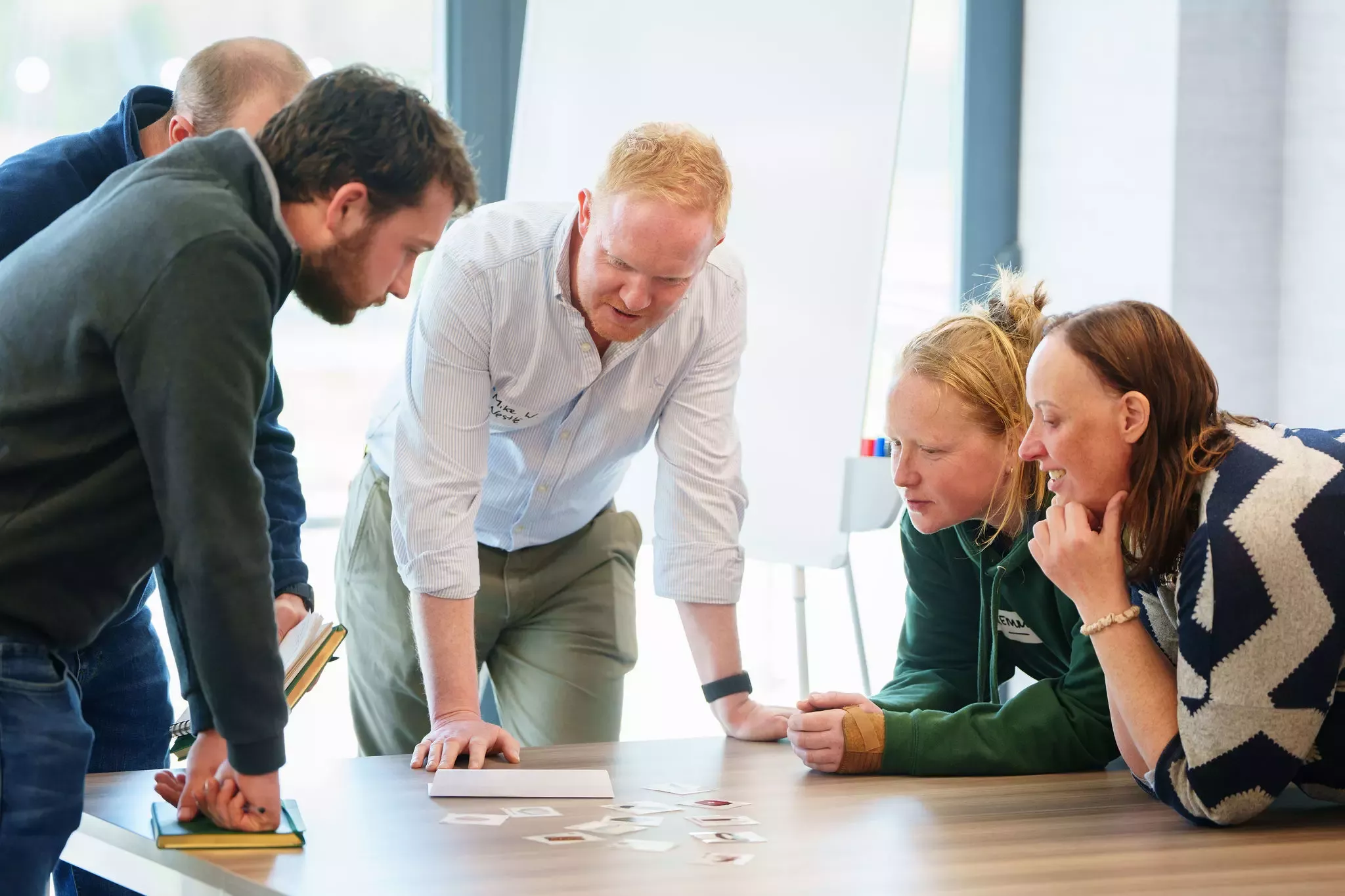 A landscape image of a mixed gendered group working together.