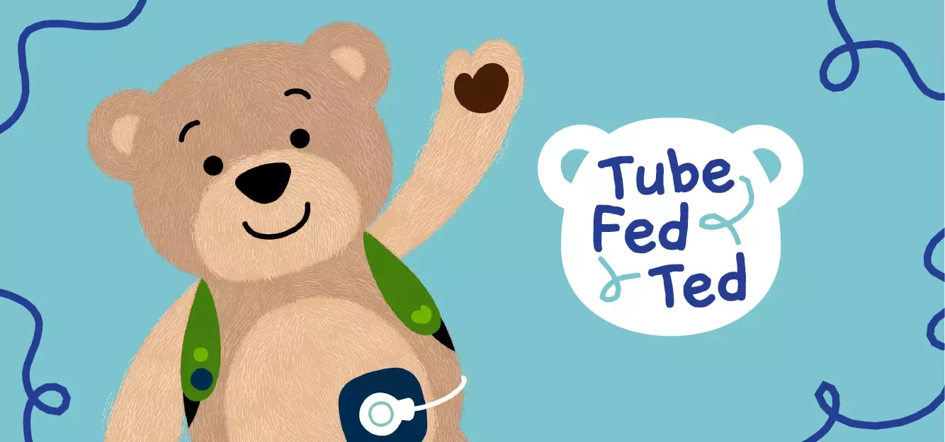 Graphic image of a teddy bear with a feeding tube and words next to it which read 'Tube Fed Ted'
