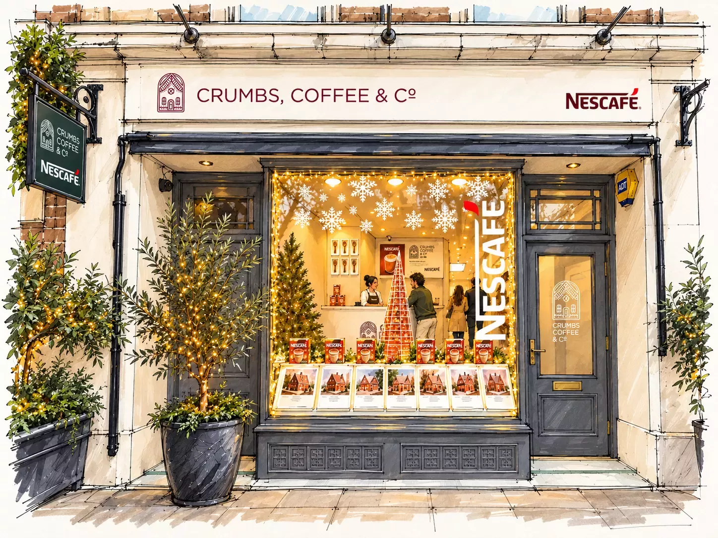 Hand drawn sketch of the front of a pop-up estate agents featuring Christmassy branding and Nescafé products in the window.