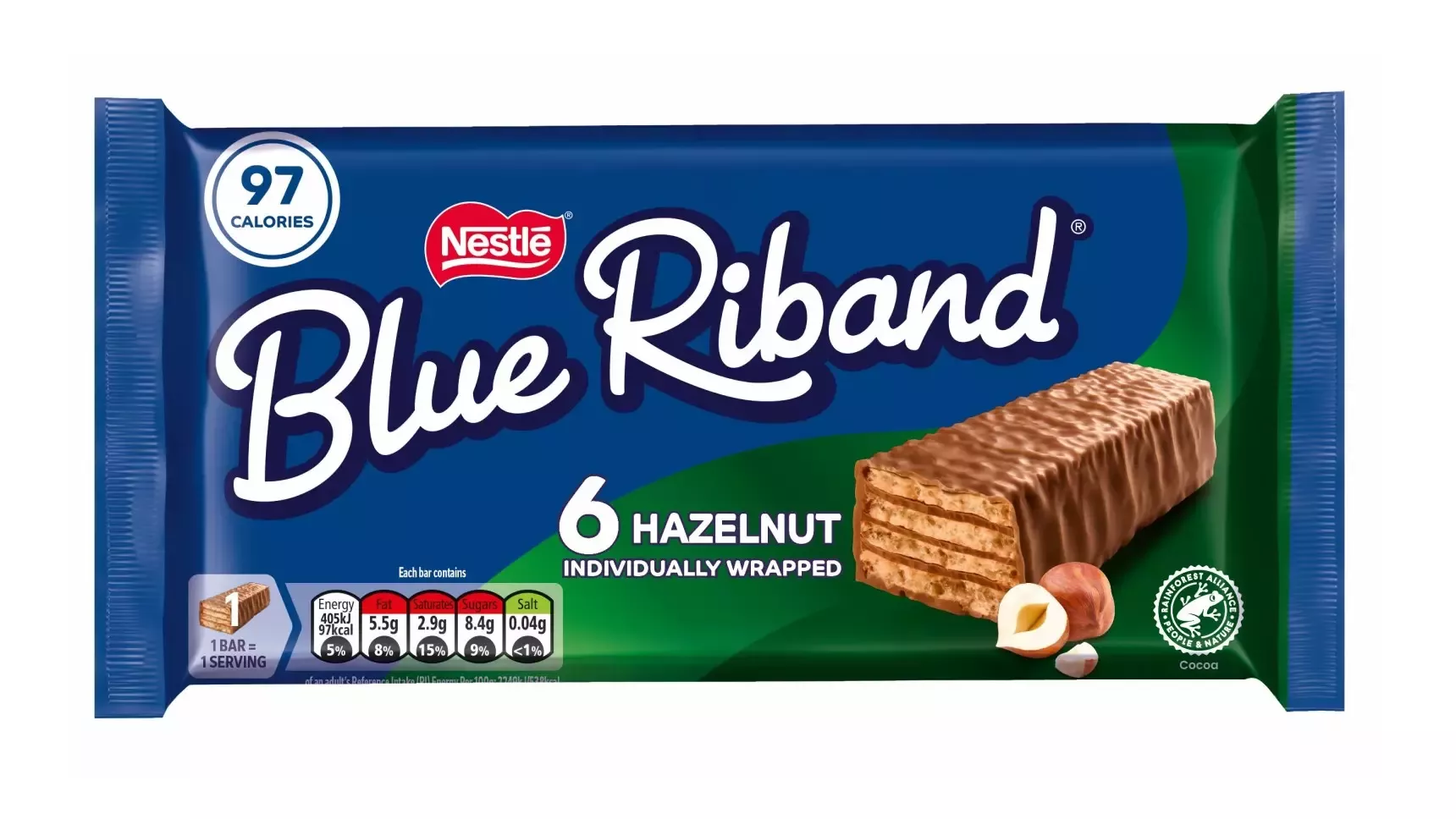 Blue Riband Hazelnut, the blue and green packaging displays an illustration of the new hazelnut flavoured bar.