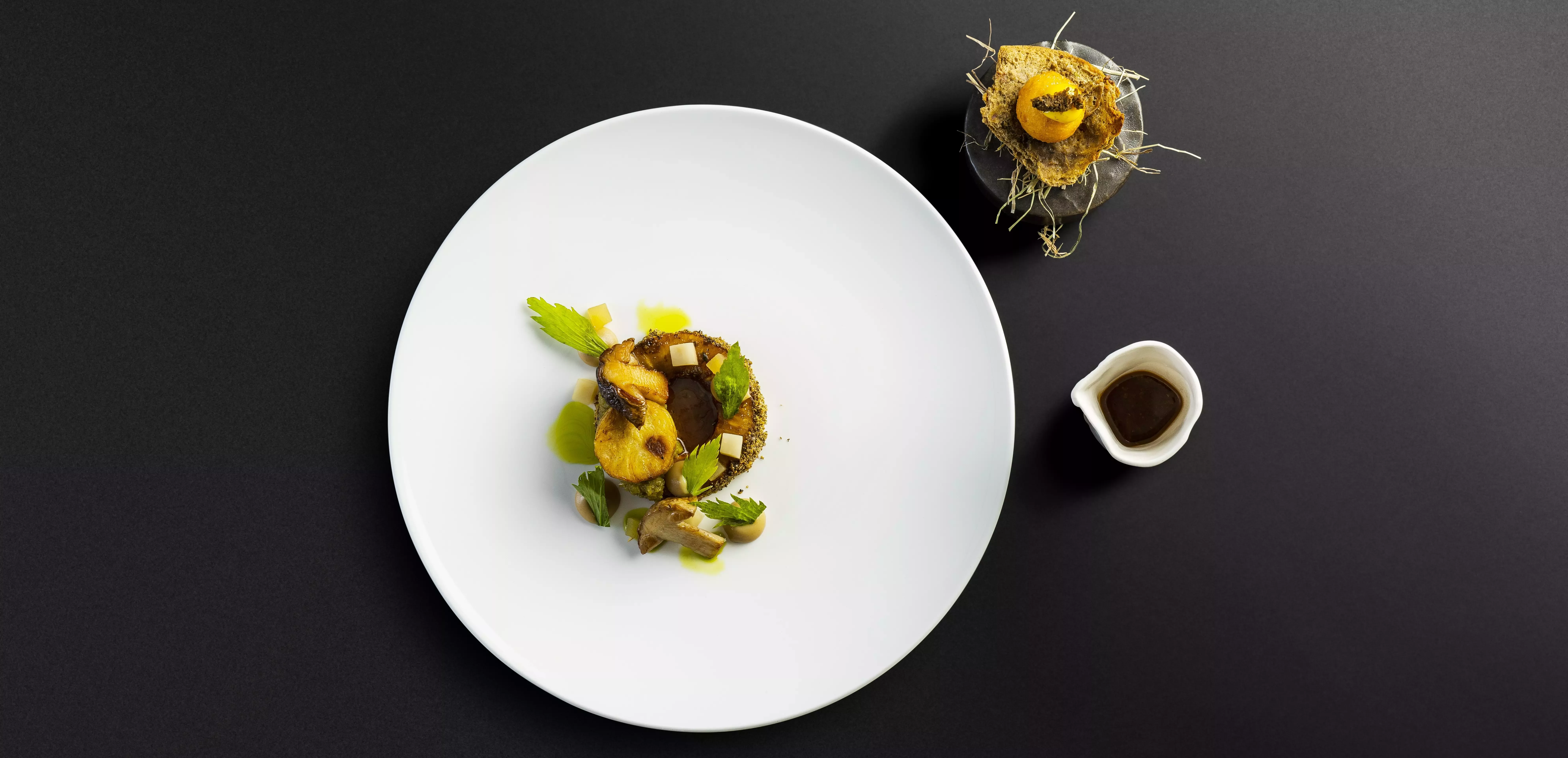 A white plate with a vegetarian meal on it, with a smaller plate, and a dipping sauce dish, sitting on a black table.