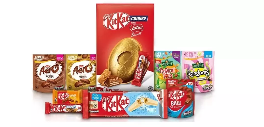 A range of confectionery products, including kitkat lotus egg