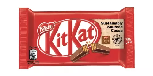 KitKat four finger bar with rainforest alliance logo on it