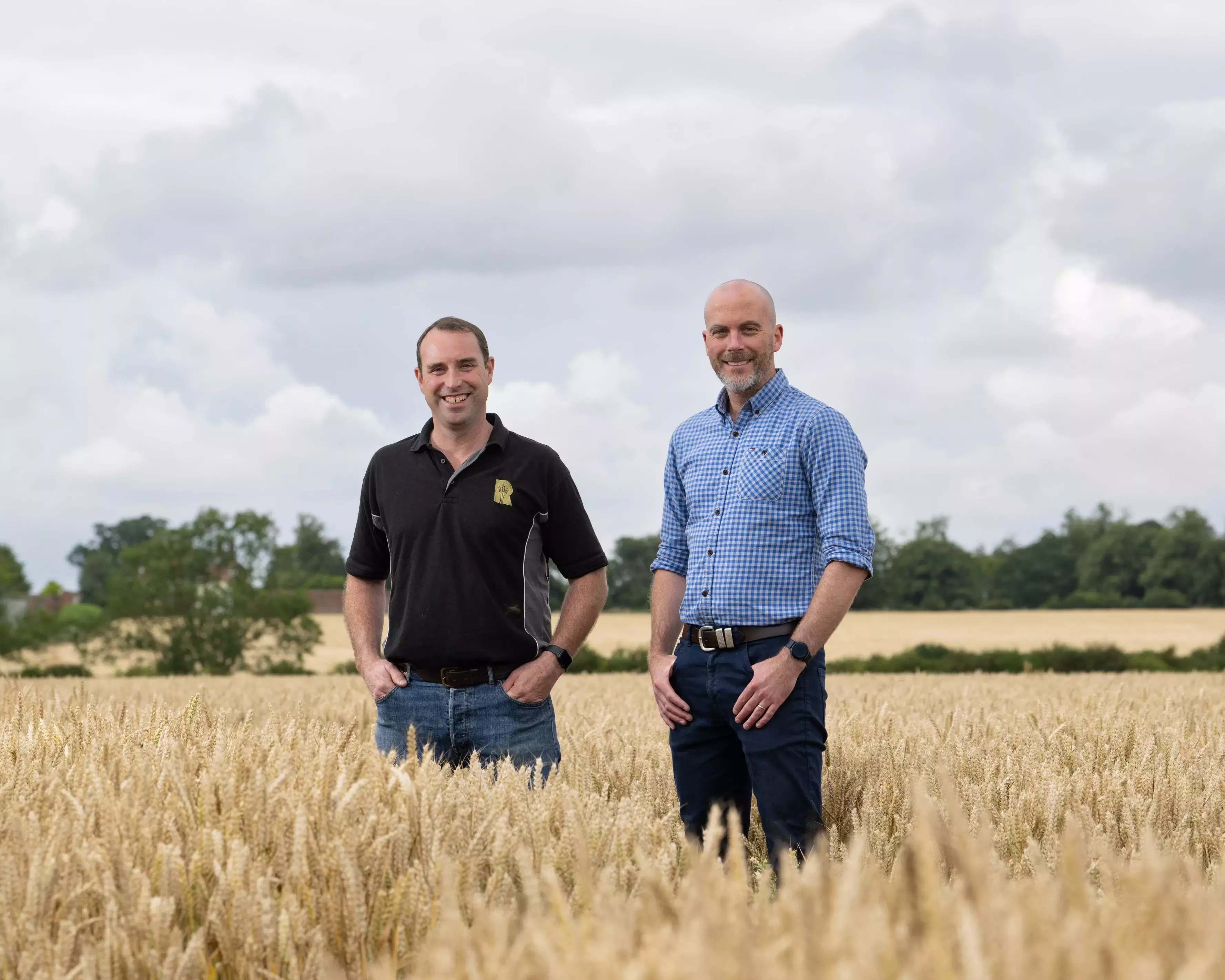 Richard Ling and Matt Ryan stand in a wheat field