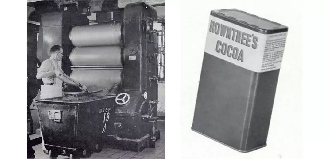 A section of the ‘melangeur department’ with precision grinding machines. A tin of 1940s Rowntree’s cocoa